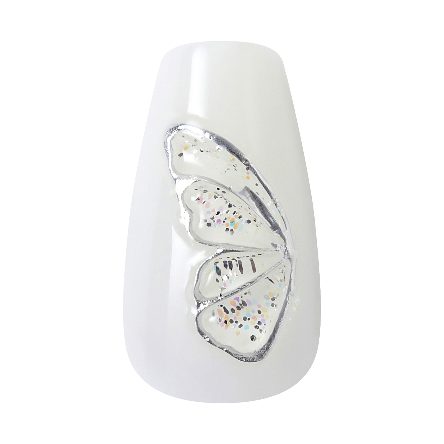 White coffin nail with silver oyster shell design and colorful glitter accents