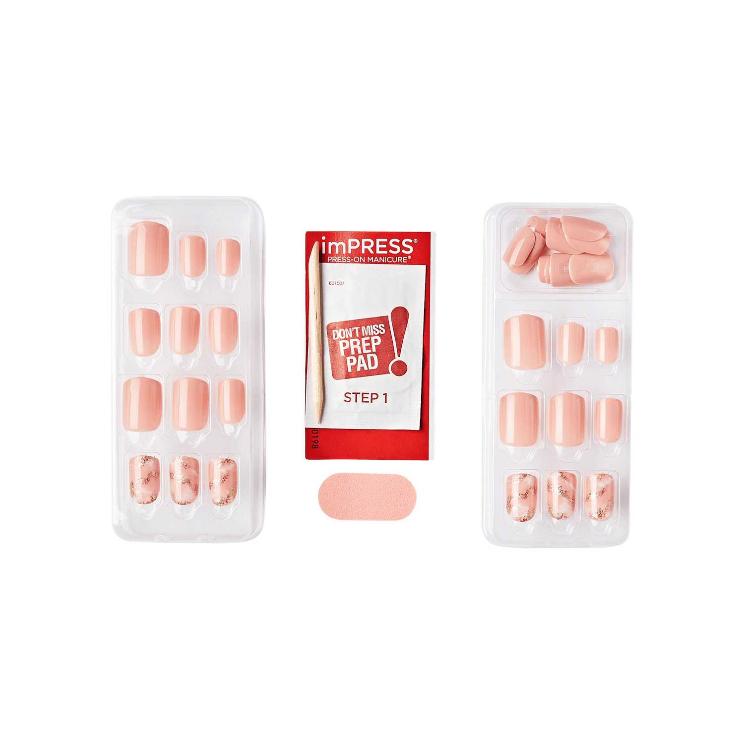 Two trays of peach-colored press-on nails with some featuring a delicate rose gold foil design, a red packet labeled \