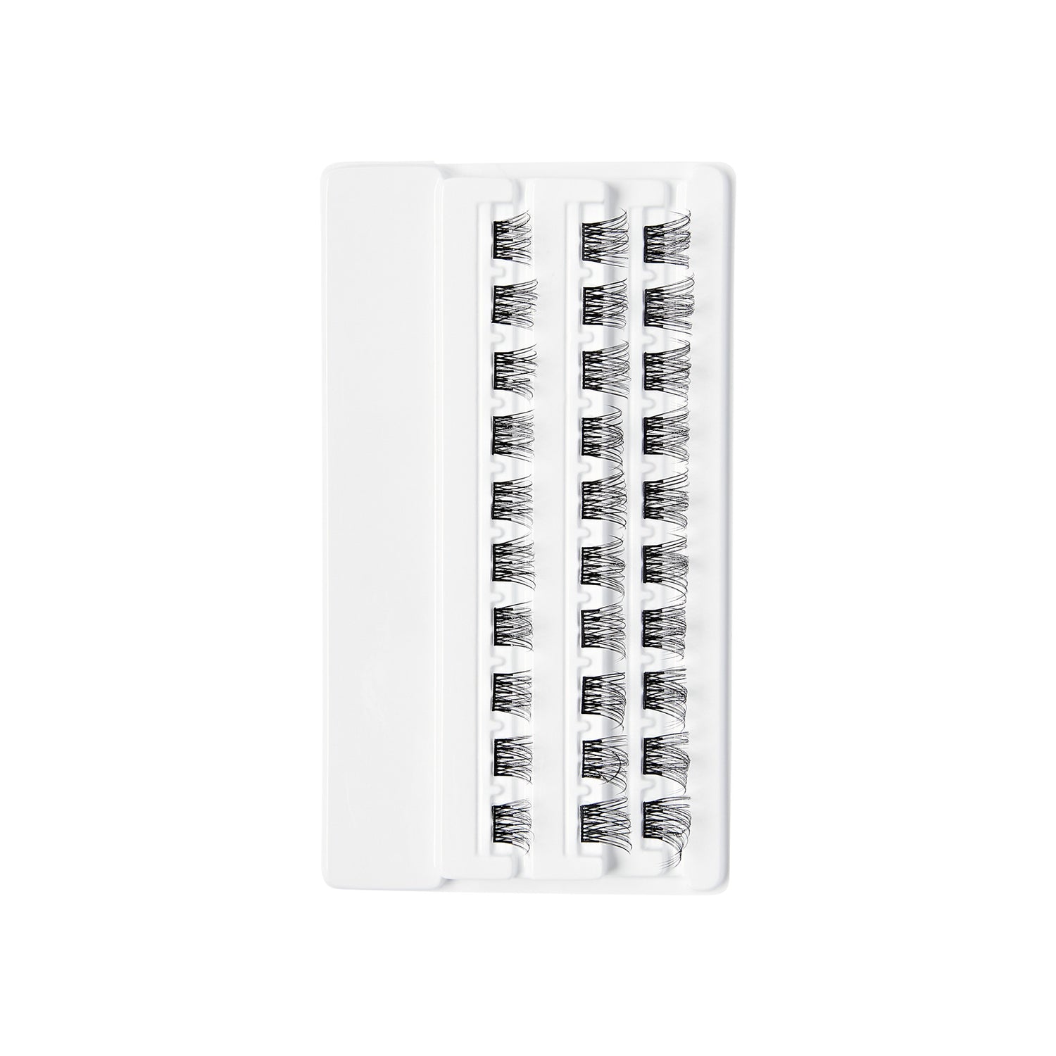 The image shows a white plastic tray containing multiple sets of false eyelashes. The eyelashes are arranged in two vertical rows, with each row containing several individual clusters of lashes. The clusters are evenly spaced and neatly organized within the tray. The lashes appear to be black and are designed to be applied individually to enhance the natural eyelashes.