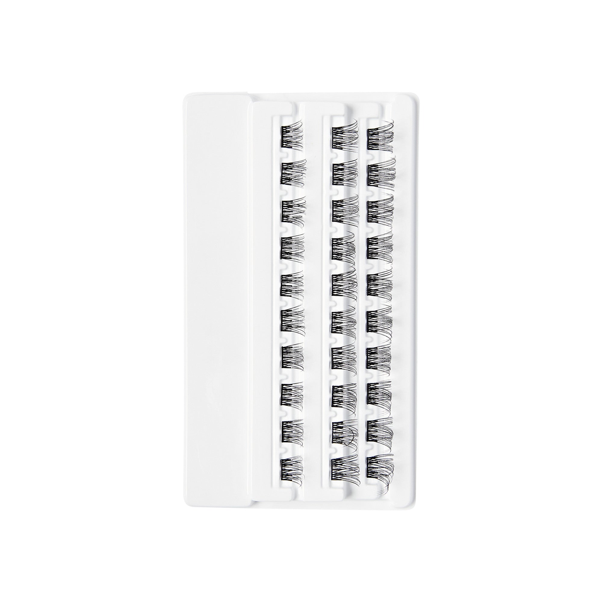 The image shows a white plastic tray containing multiple sets of false eyelashes. The eyelashes are arranged in two vertical rows, with each row containing several individual clusters of lashes. The clusters are evenly spaced and neatly organized within the tray. The lashes appear to be black and are designed to be applied individually to enhance the natural eyelashes.