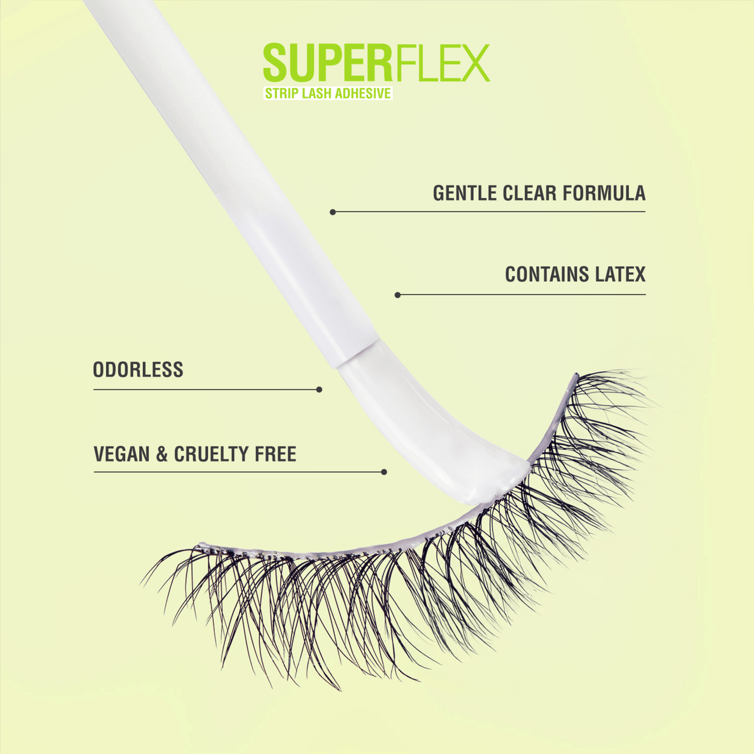 SuperFlex strip lash adhesive with applicator brush showing product features: gentle clear formula, latex, odorless,...