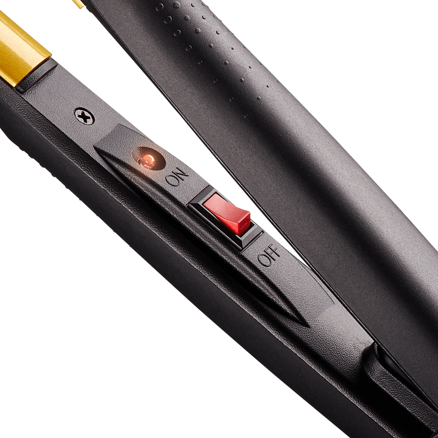 Close-up view of the KISS Tourmaline Ceramic Flat Iron with a black matte finish and gold accents, showing a red on/off switch with a glowing indicator light.
