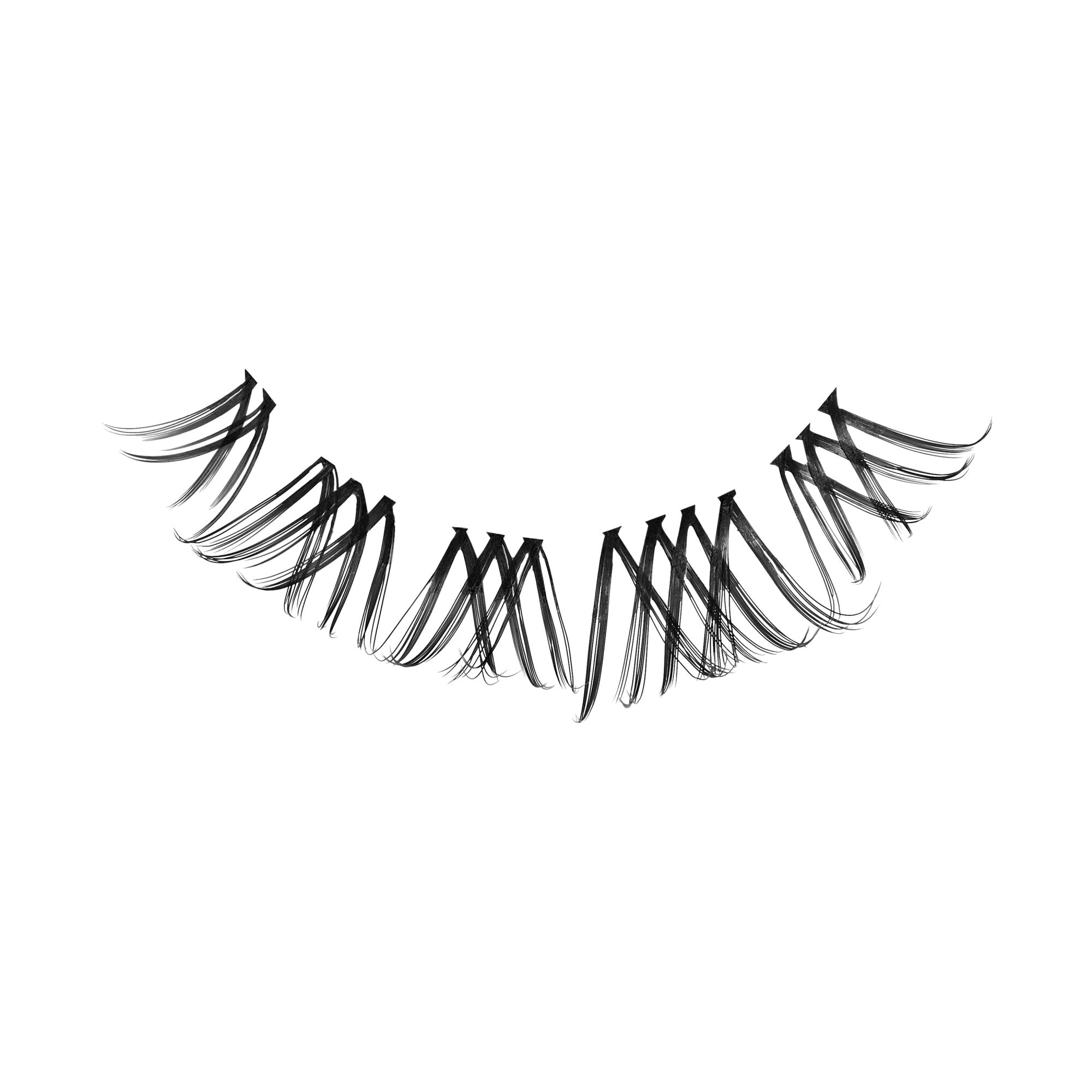 Pair of false eyelashes with dramatic layered black strands on white background.
