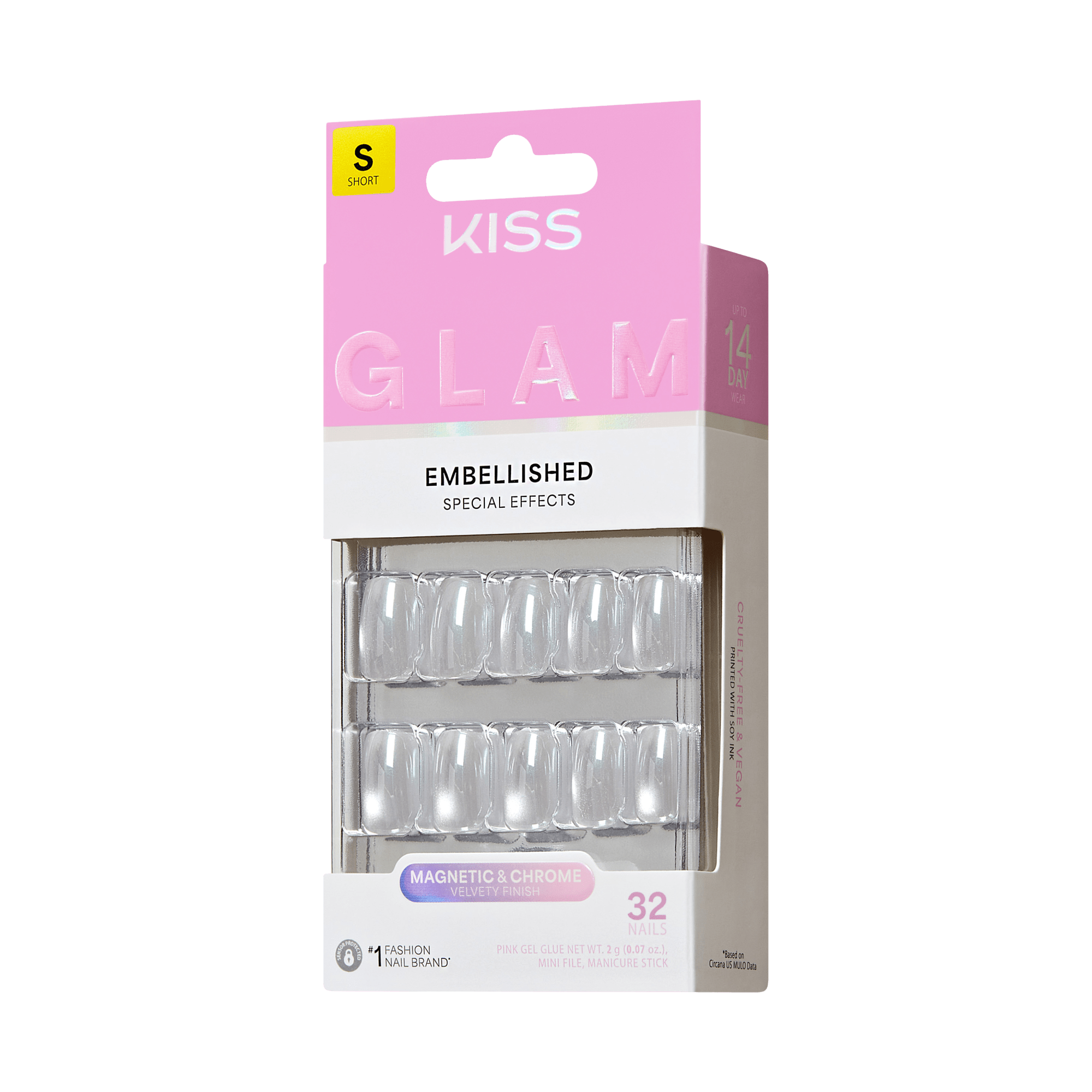 KISS Glam Embellished Short Nails, 32 Count, Clear with Magnetic Chrome Effect