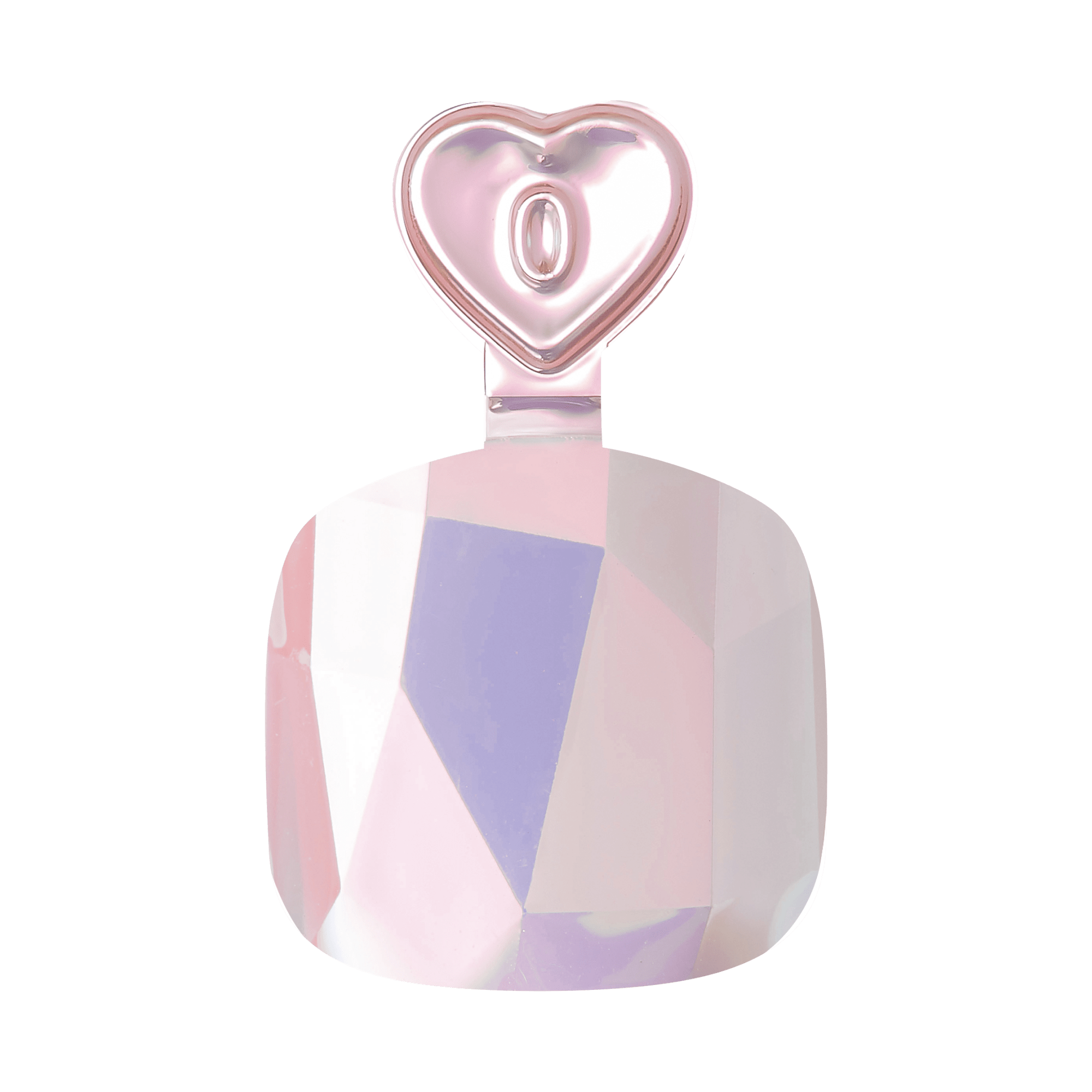 Pastel pink heart-shaped perfume bottle with geometric design and number 0 label.