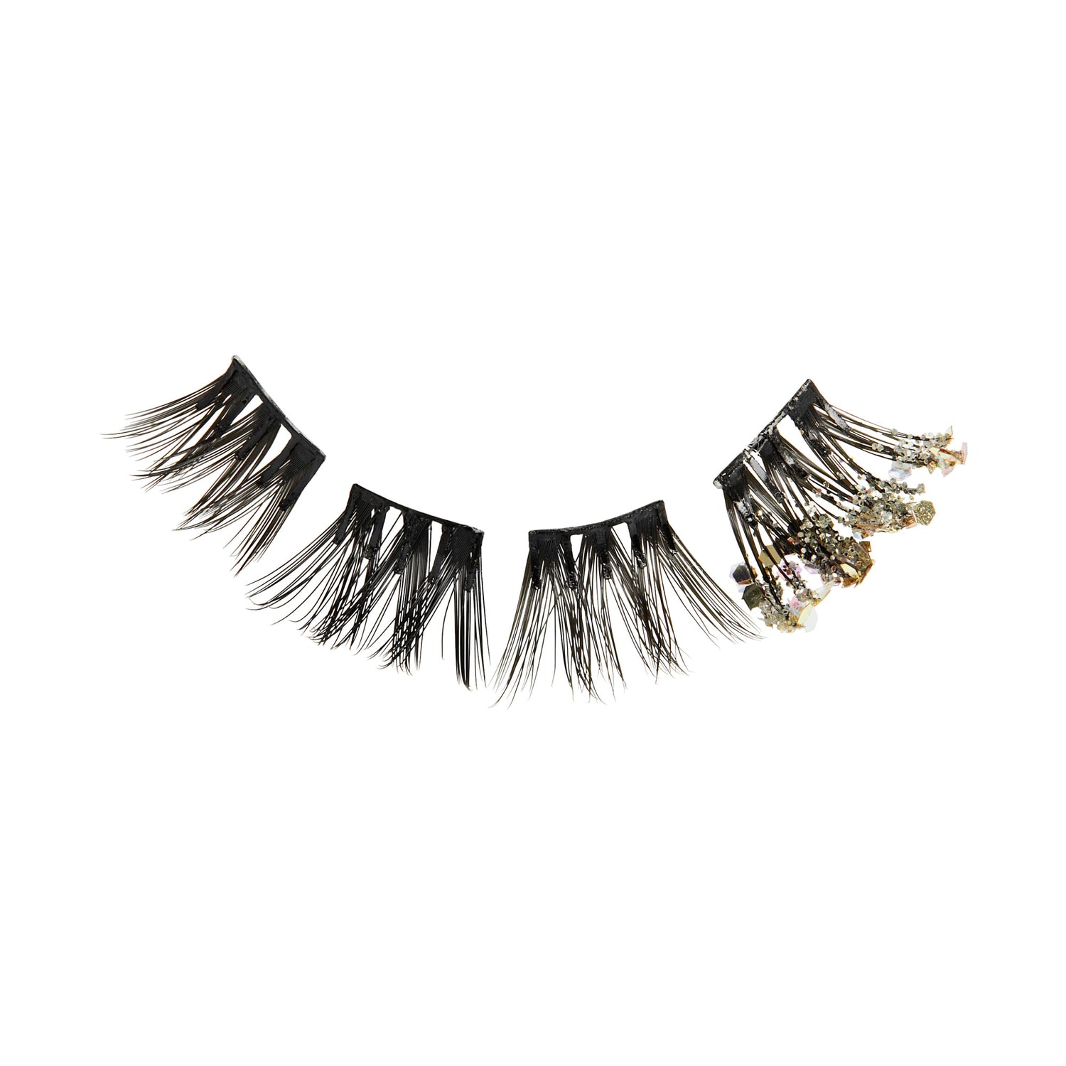 Dramatic black false eyelashes with crystal embellishments on right corner.