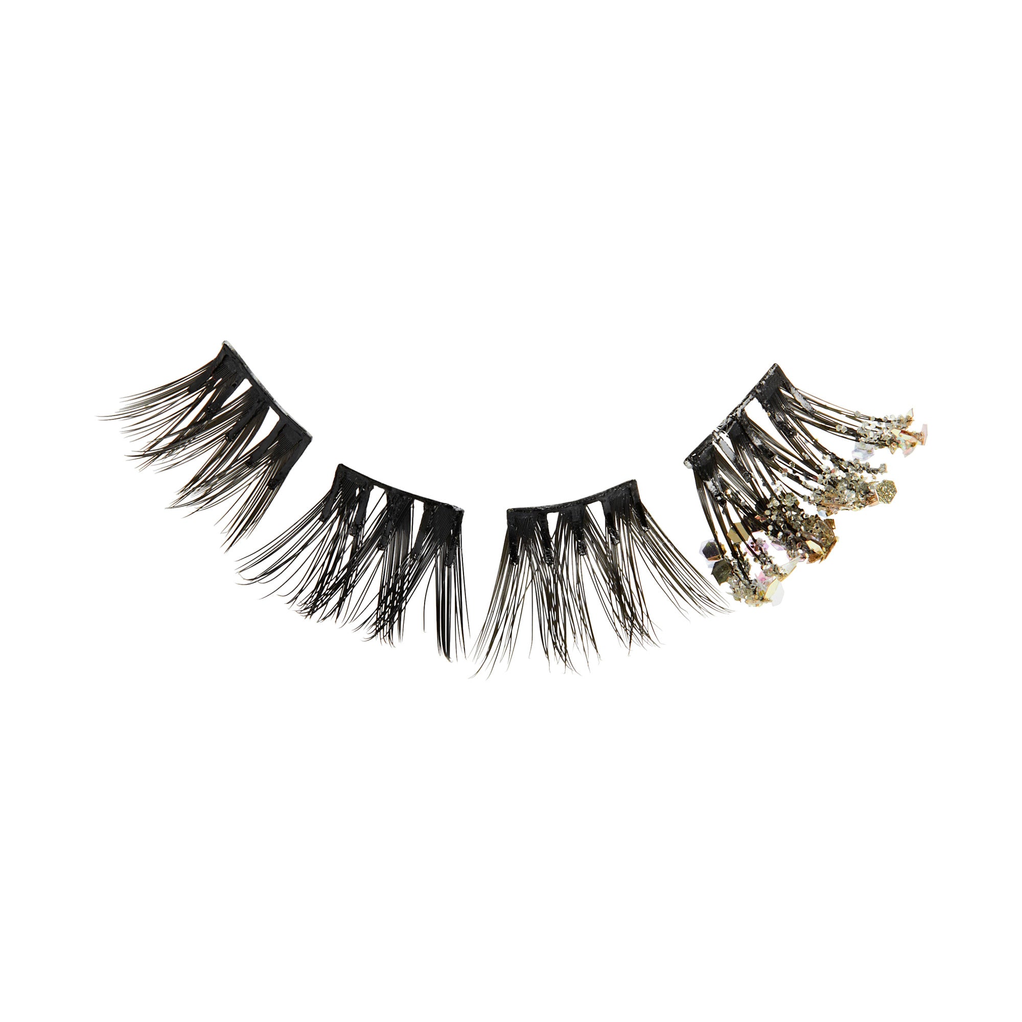 Dramatic black false eyelashes with crystal embellishments on right corner.