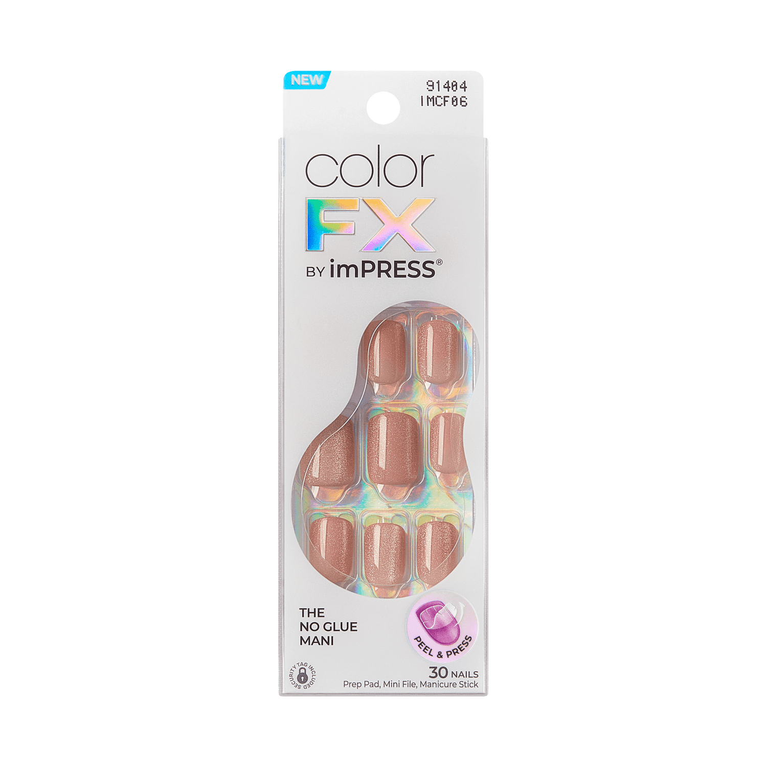 Packaging for colorFX by imPRESS press-on nails in a shimmery nude shade, labeled \