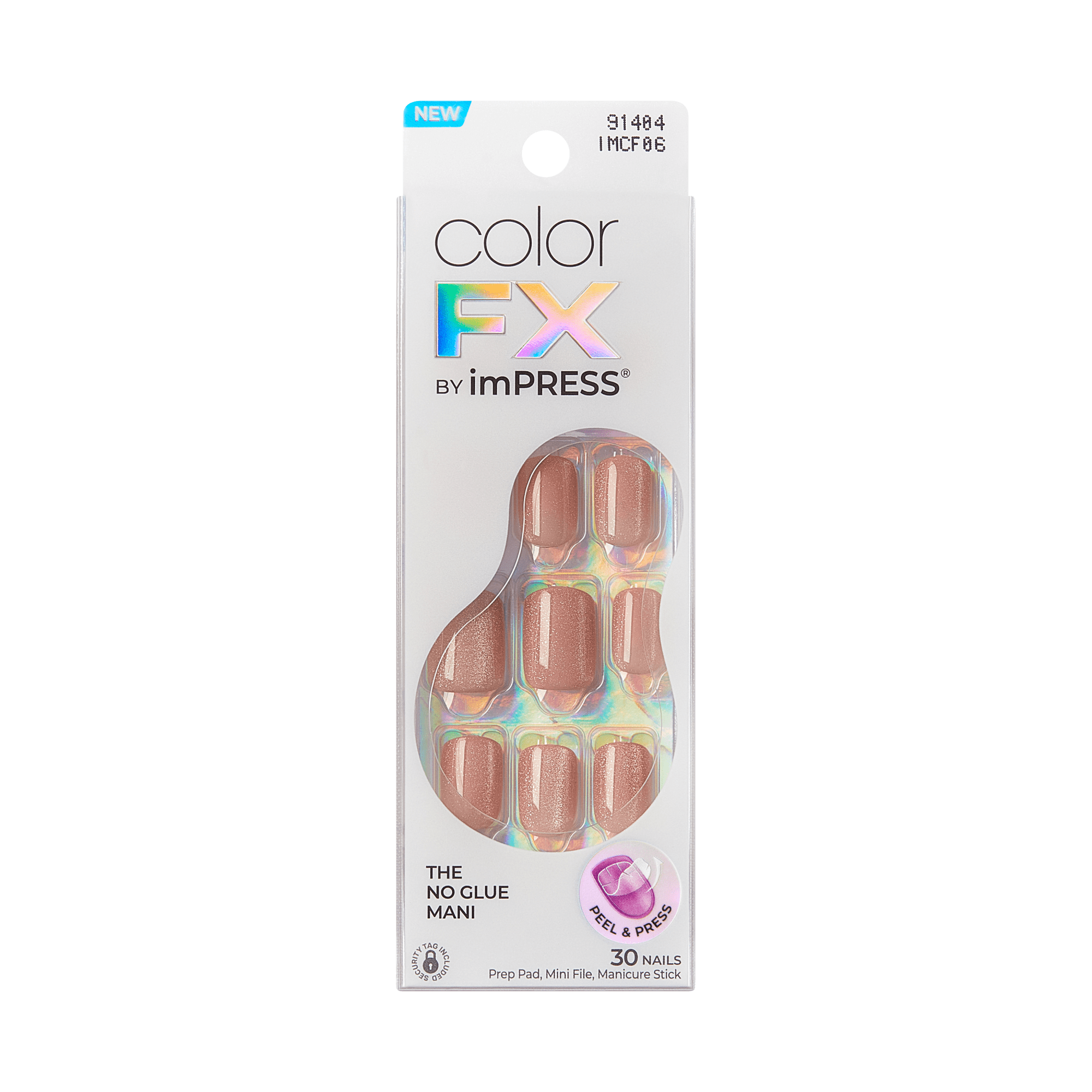 Packaging for colorFX by imPRESS press-on nails in a shimmery nude shade, labeled \