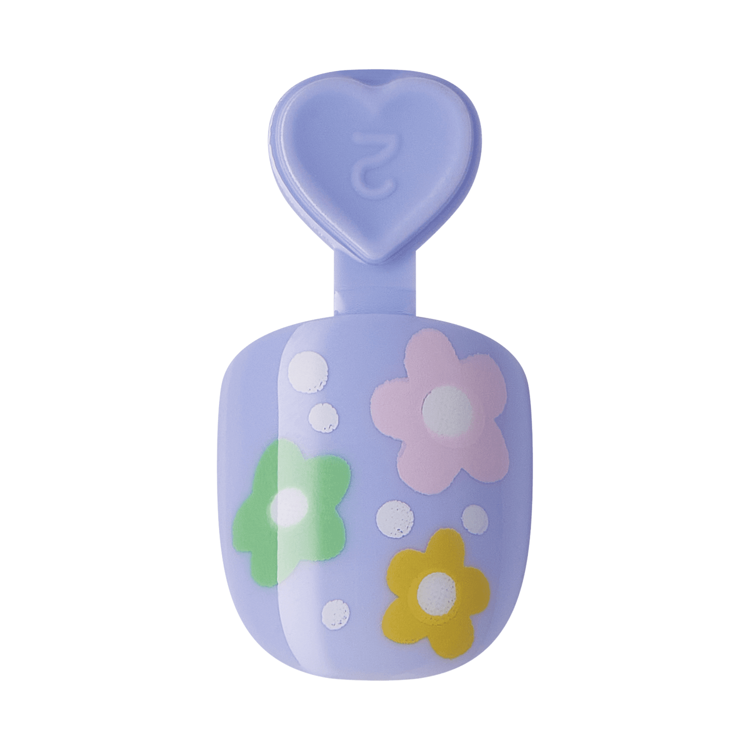 The image features a small, heart-shaped bottle cap atop a pastel purple nail polish bottle. The bottle is adorned with playful floral designs in various colors, including pink, yellow, and white, along with some circular patterns. The overall aesthetic is cheerful and whimsical, appealing to a youthful audience.