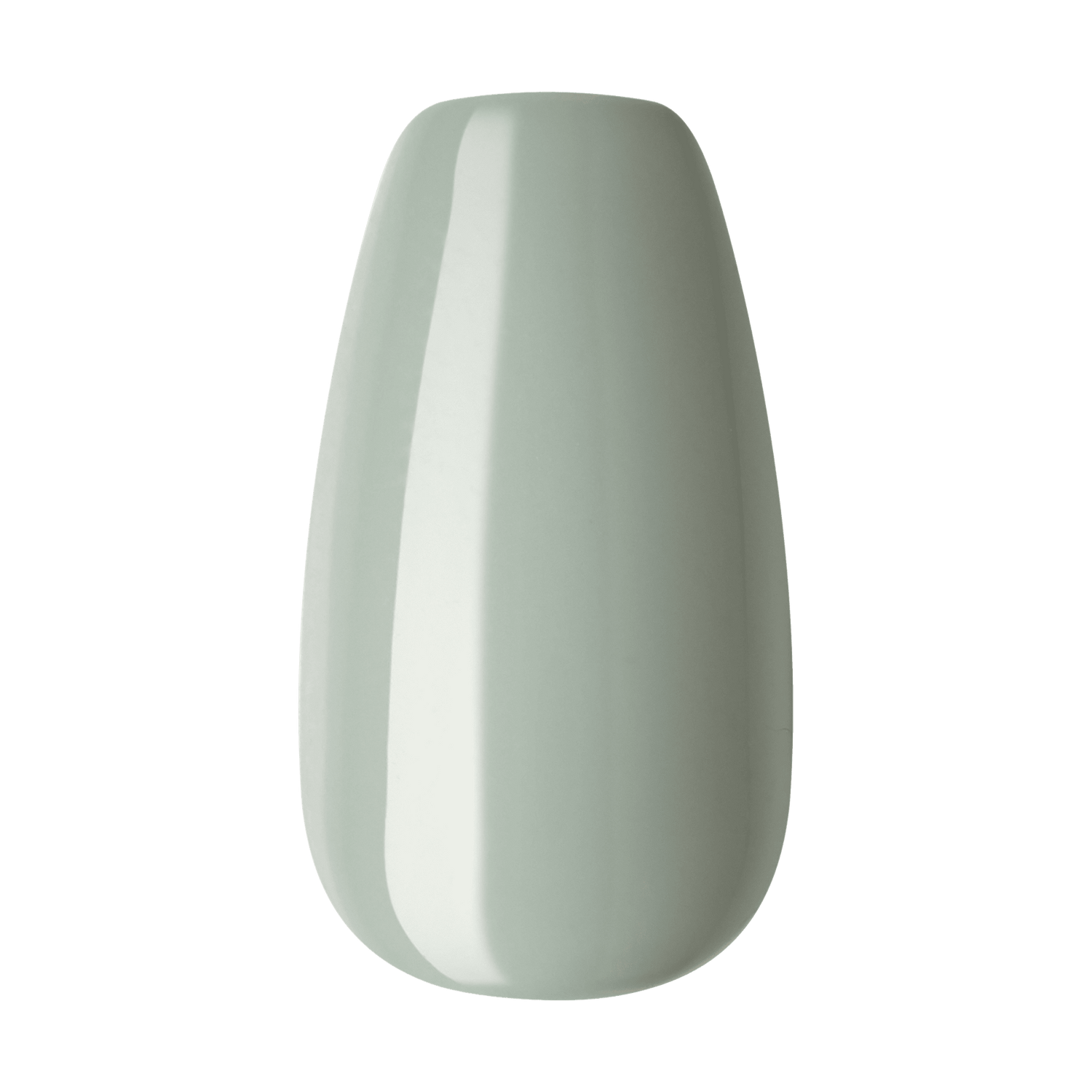 Single glossy press-on nail shown up close, in a muted sage green color with a rounded square shape.