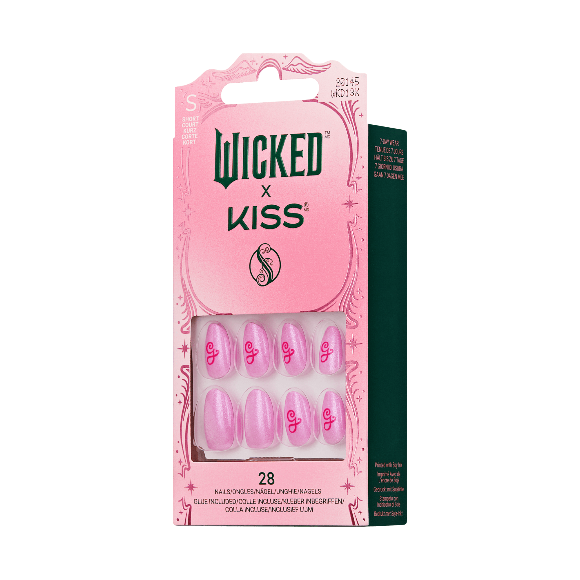 Wicked x Kiss Glinda Goodness short pink press-on nails with shimmering finish and red \