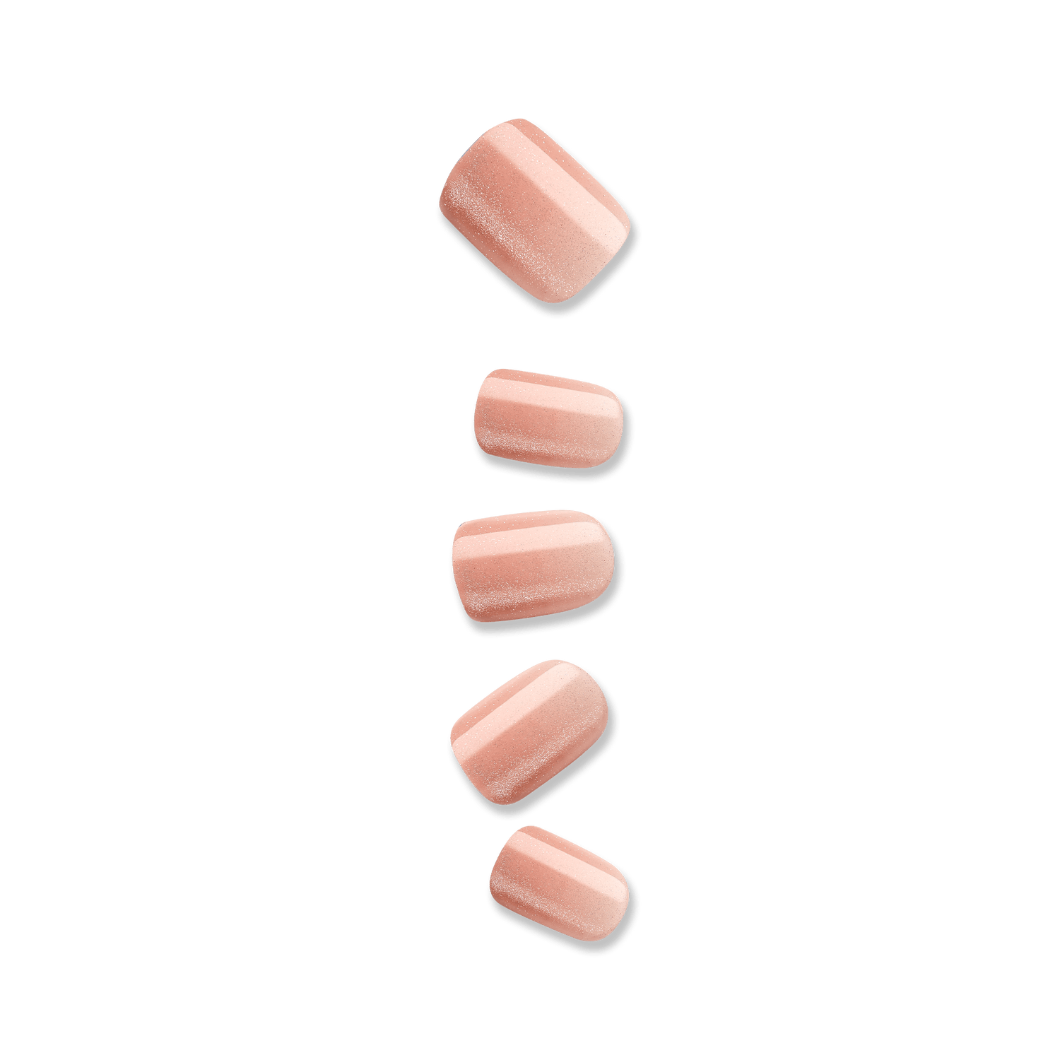Soft pink press-on nails with subtle shimmer, shown in various sizes and a glossy finish, designed for easy application and a natural look.