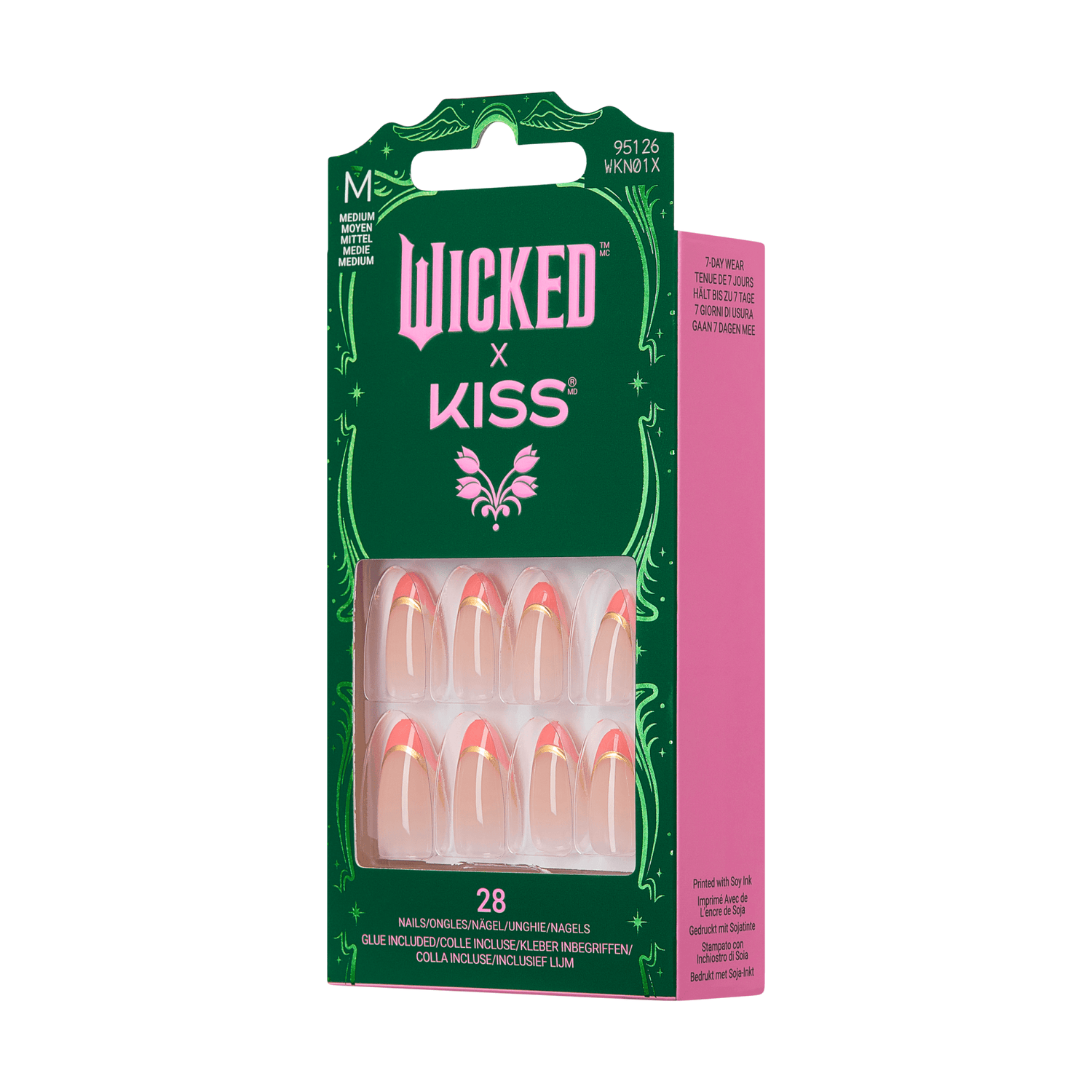 Wicked x Kiss press-on nails in medium size, clear with coral tips and gold accent stripes, 28 nails included, packaged in green and pink box with 7-day wear claim.