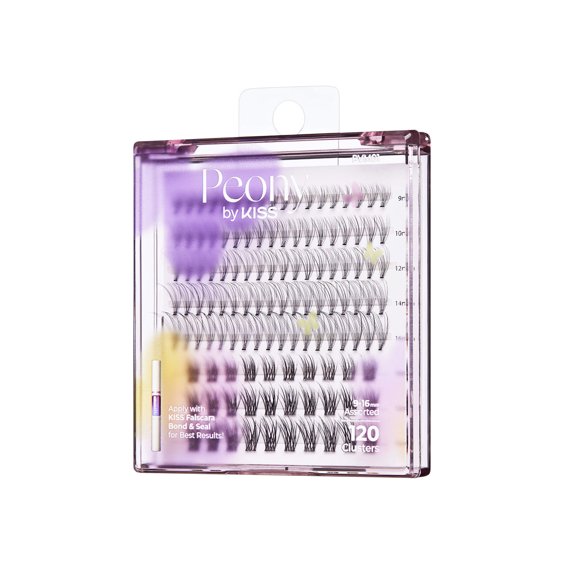Clear purple-tinted square case of KISS Peony false eyelashes showing 120 assorted lash clusters in different lengths from 9 to 16mm. Includes usage tip to apply with Kiss Falscara Bond &amp; Seal for best results.