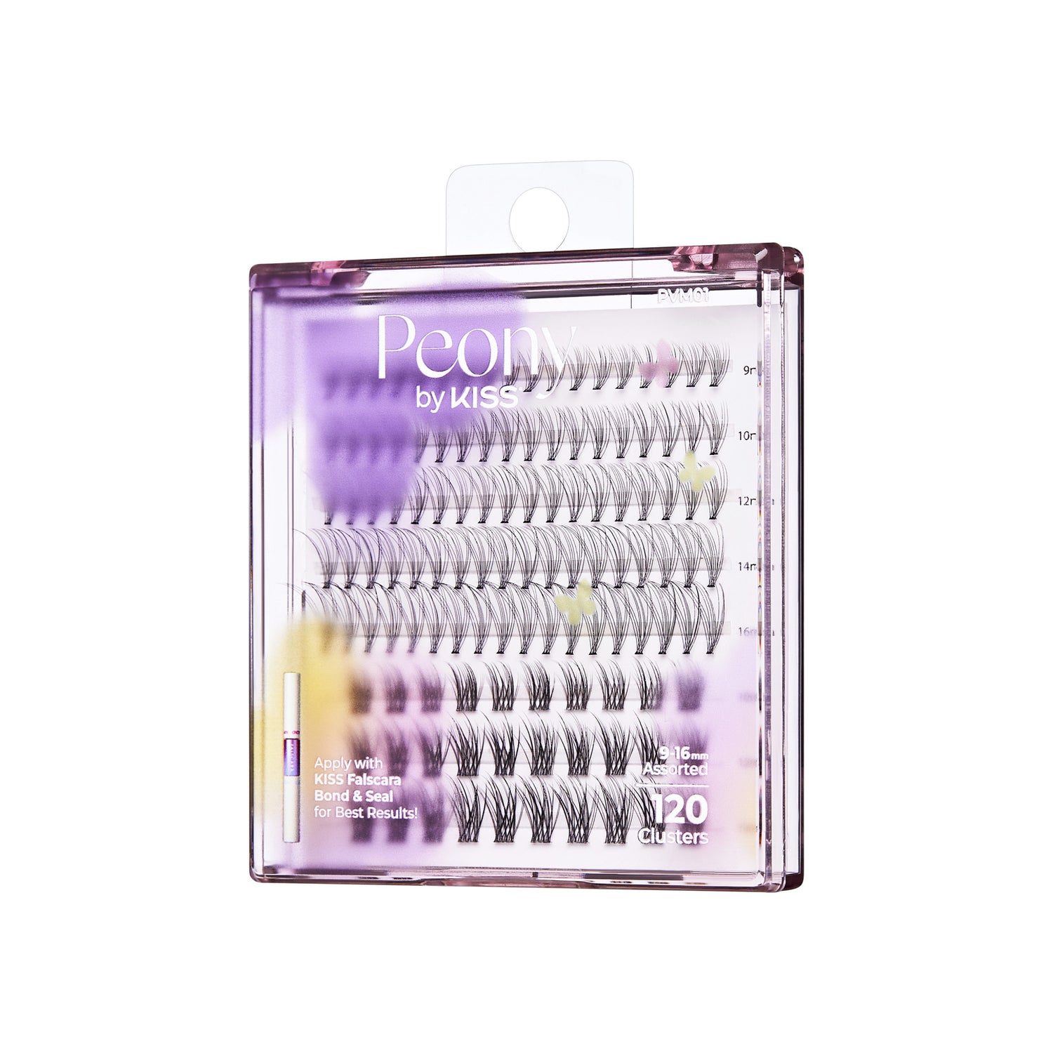 Clear purple-tinted square case of KISS Peony false eyelashes showing 120 assorted lash clusters in different lengths from 9 to 16mm. Includes usage tip to apply with Kiss Falscara Bond &amp; Seal for best results.