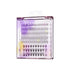 Clear purple-tinted square case of KISS Peony false eyelashes showing 120 assorted lash clusters in different lengths from 9 to 16mm. Includes usage tip to apply with Kiss Falscara Bond & Seal for best results.