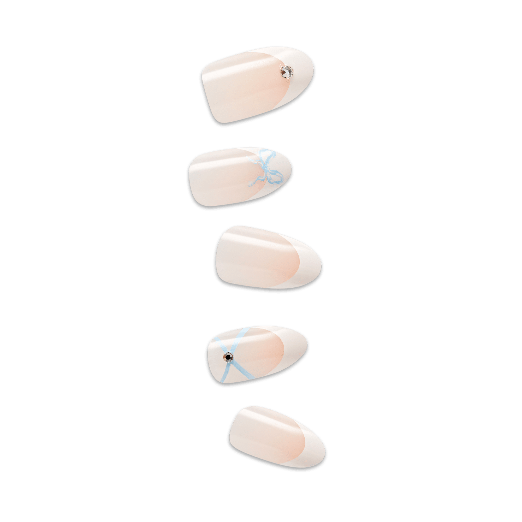 Set of five glossy press-on nails in soft peach tones, featuring delicate light blue bow designs and small rhinestone accents on two nails.