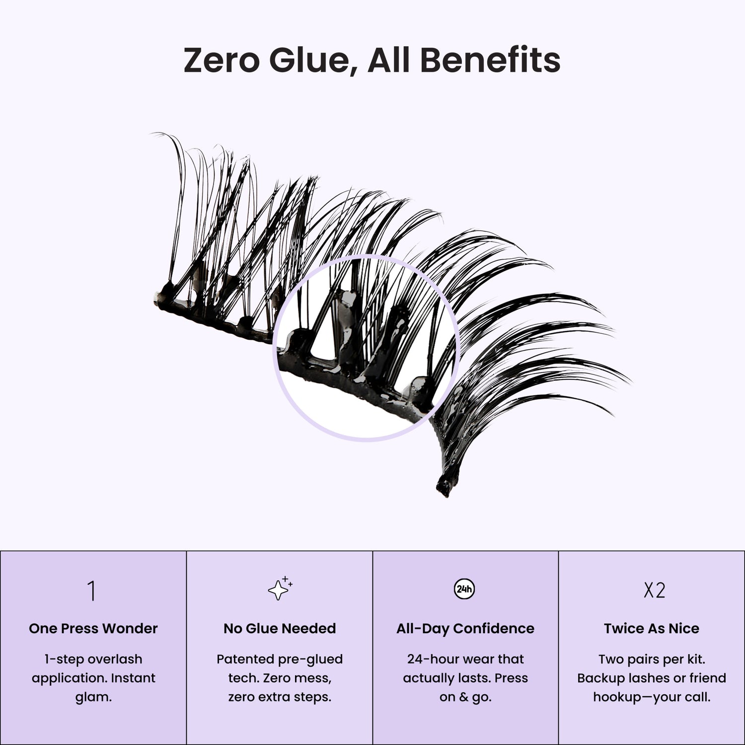 Zero Glue false lashes with benefits: one-step application, pre-glued, 24-hour wear, two pairs per kit.