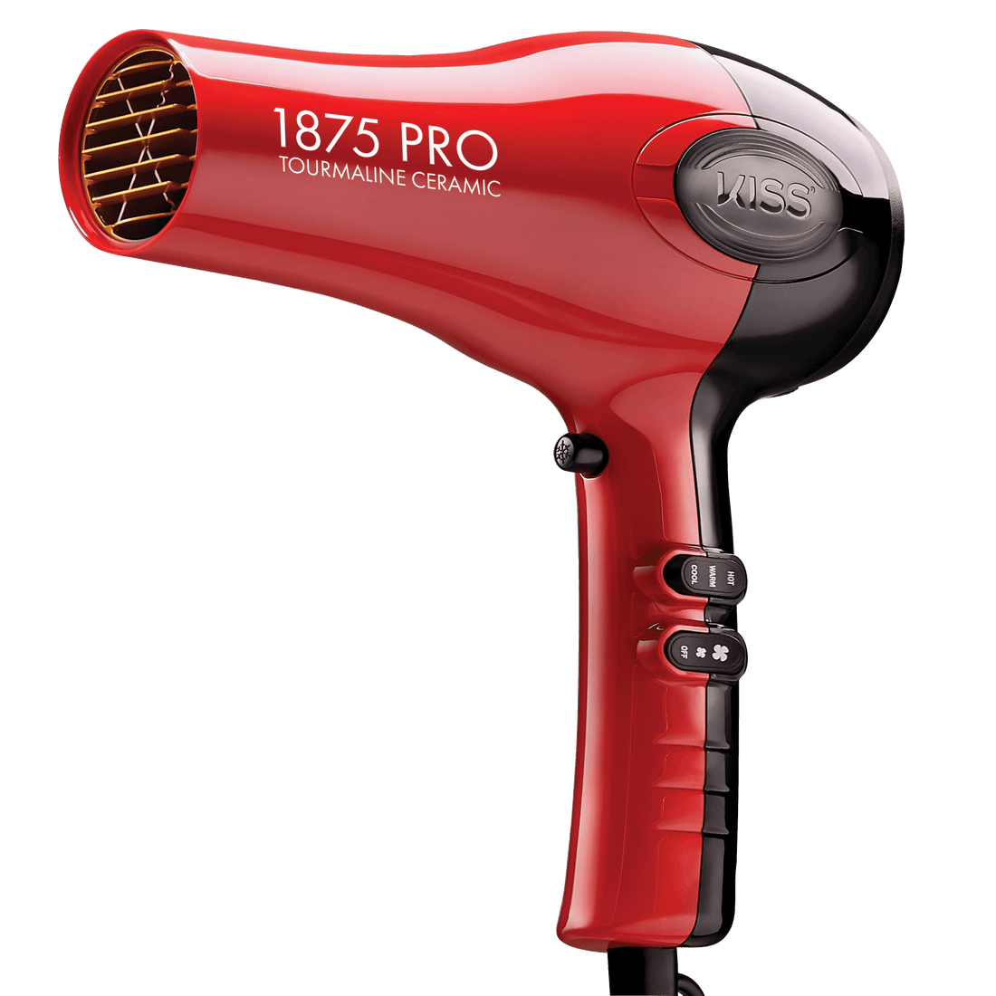 Red and black 1875 Pro Tourmaline Ceramic hair dryer with visible air vents, two control switches for heat and speed settings, and brand name \