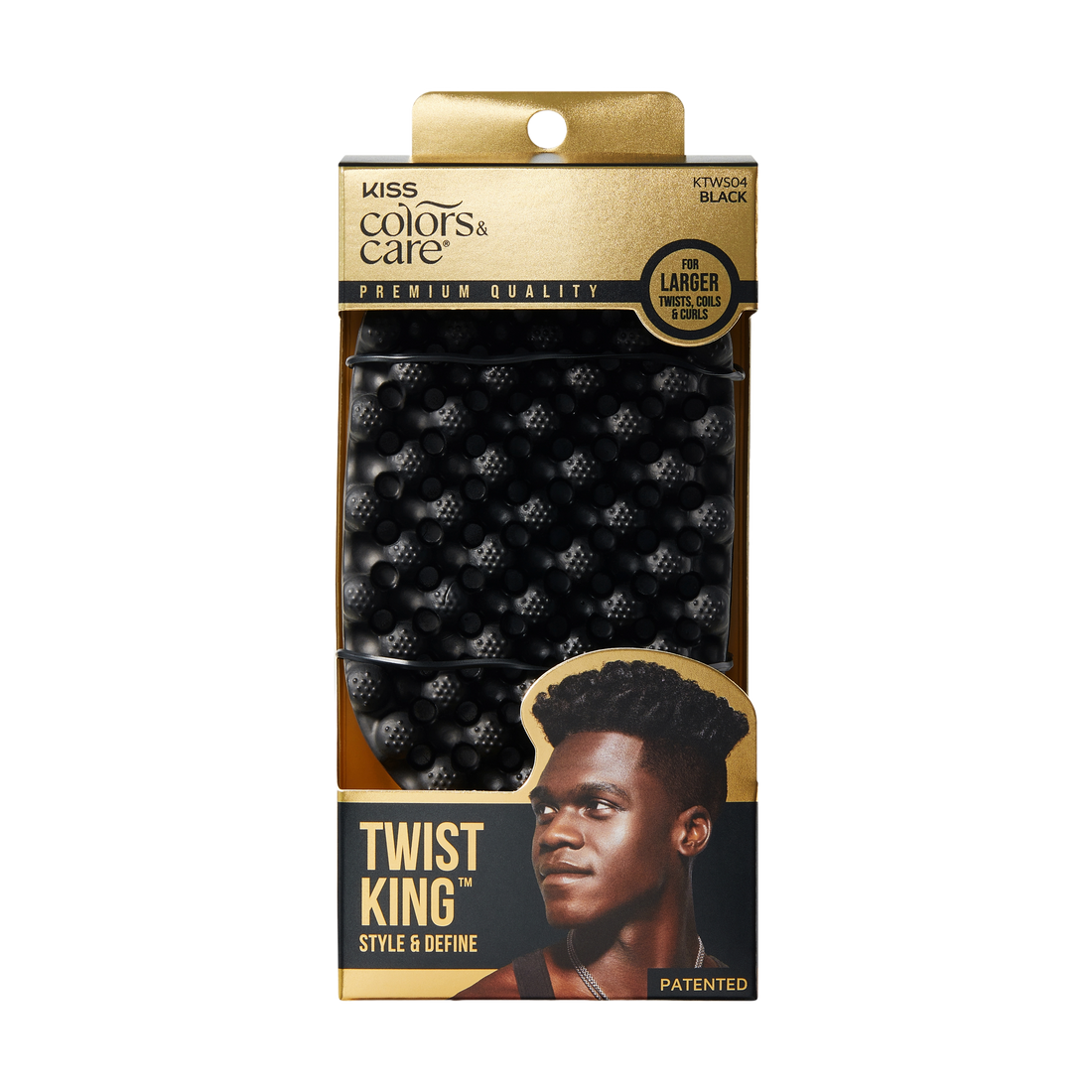 KISS Colors &amp; Care Twist King black hair tool packaging with textured styling brush, for larger twists, coils, and curls, featuring a man with styled hair.