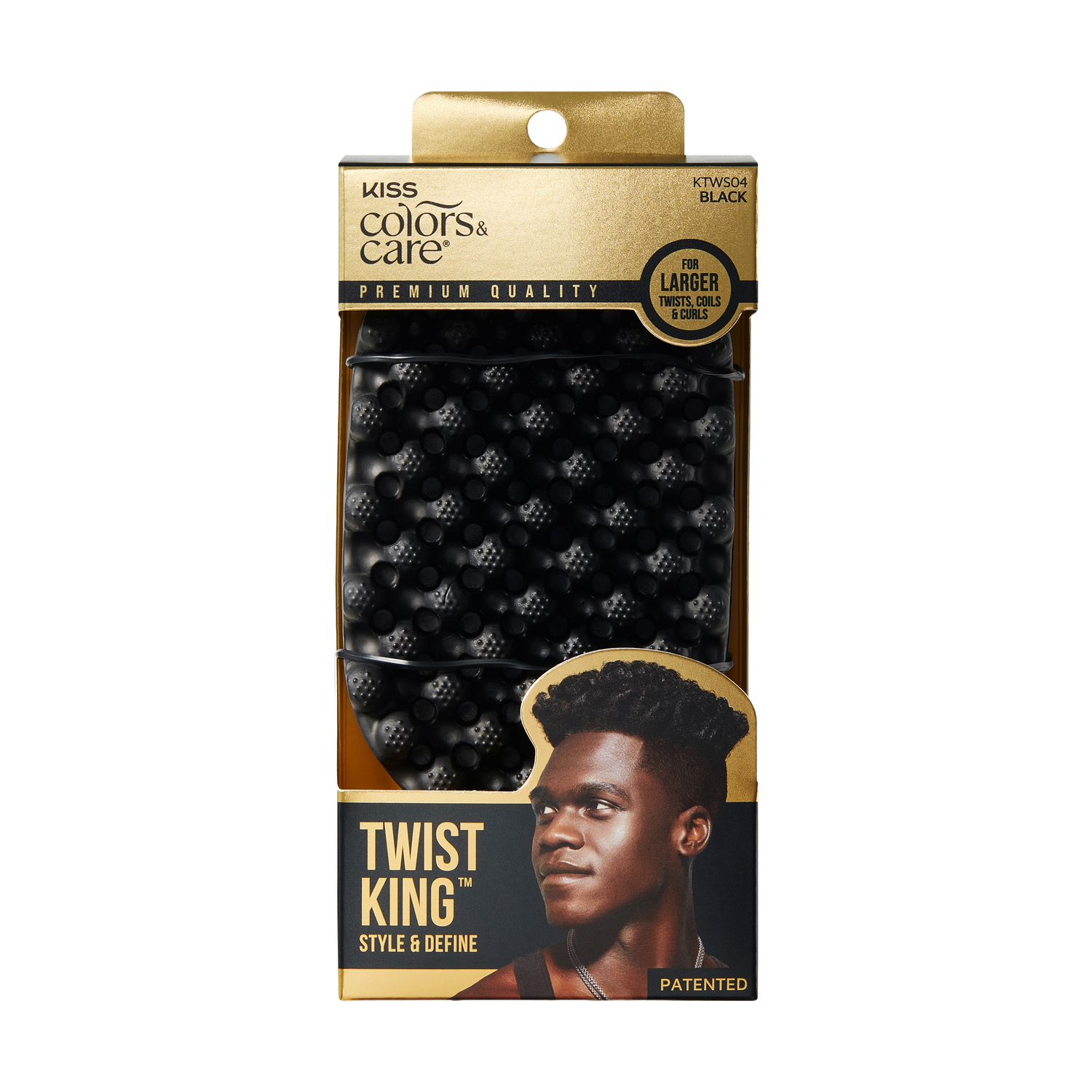 KISS Colors &amp; Care Twist King black hair tool packaging with textured styling brush, for larger twists, coils, and curls, featuring a man with styled hair.