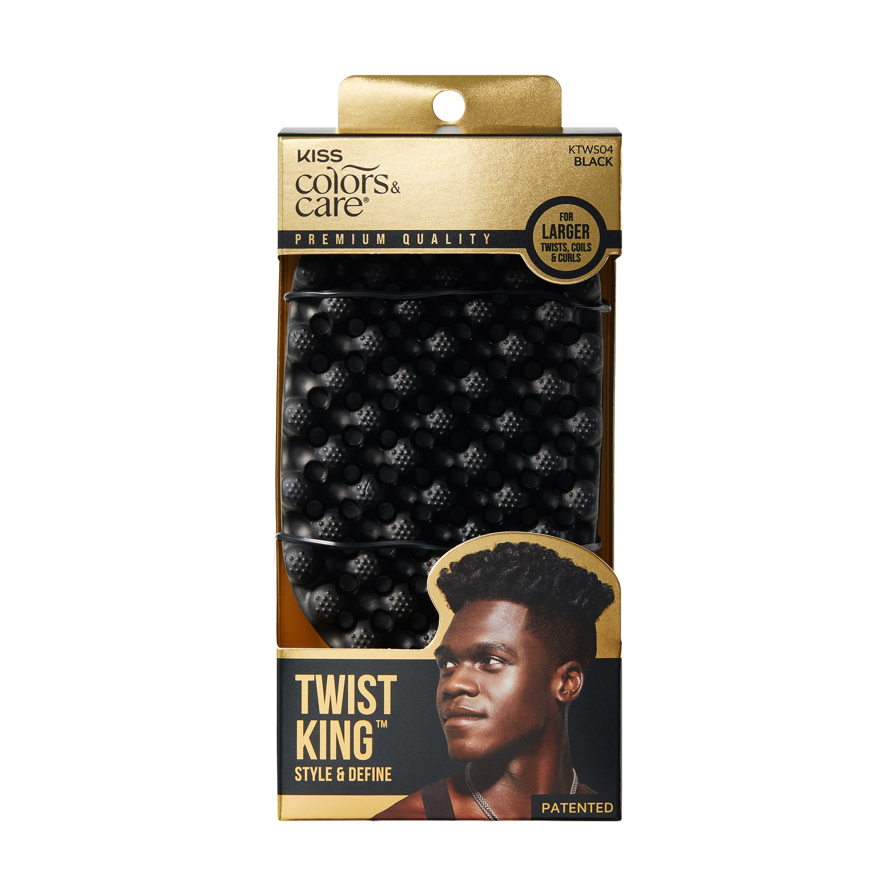 KISS Colors &amp; Care Twist King black hair tool packaging with textured styling brush, for larger twists, coils, and curls, featuring a man with styled hair.