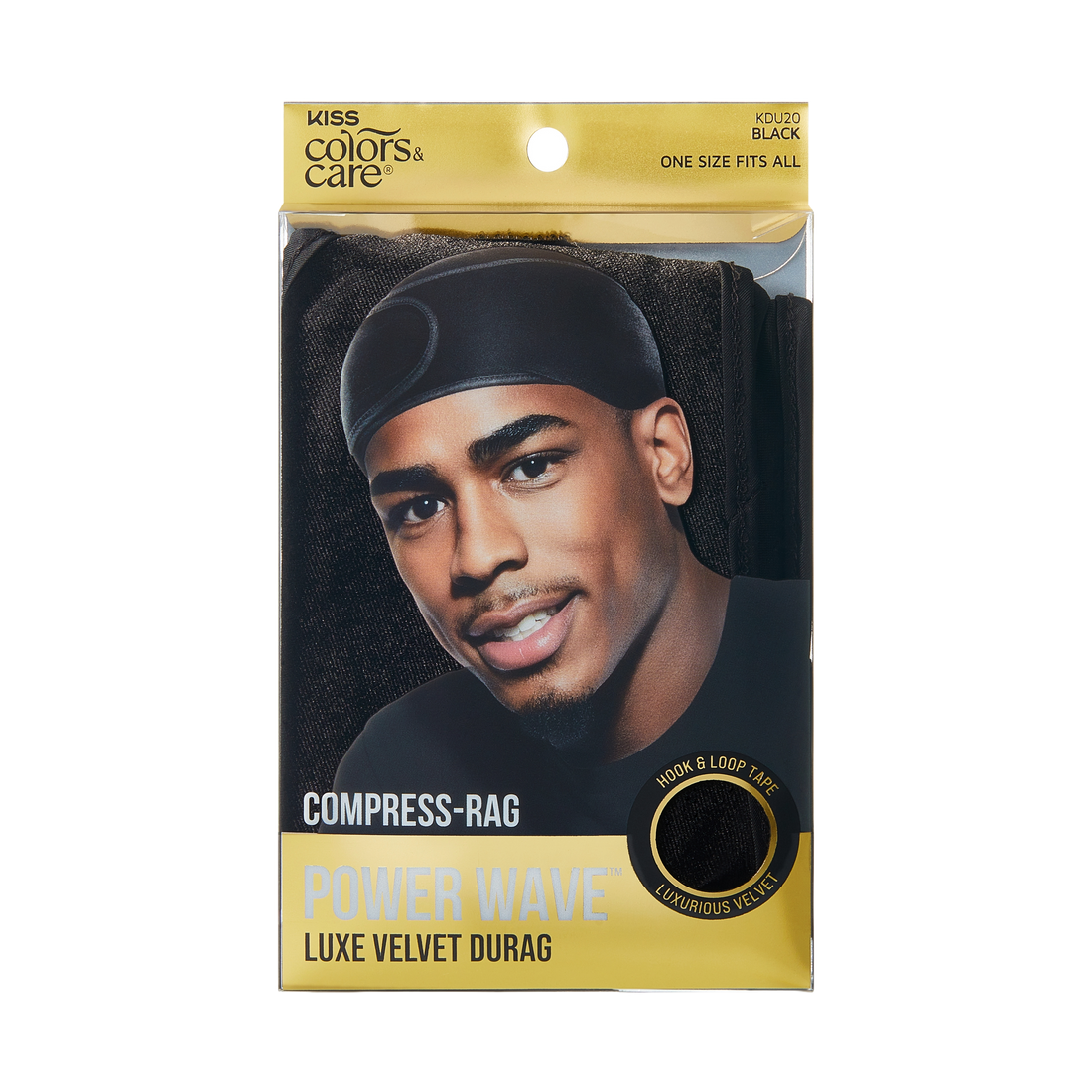 Black luxe velvet durag in packaging with smiling man wearing durag, labeled "Compress-Rag Power Wave Luxe Velvet Durag," one size fits all.