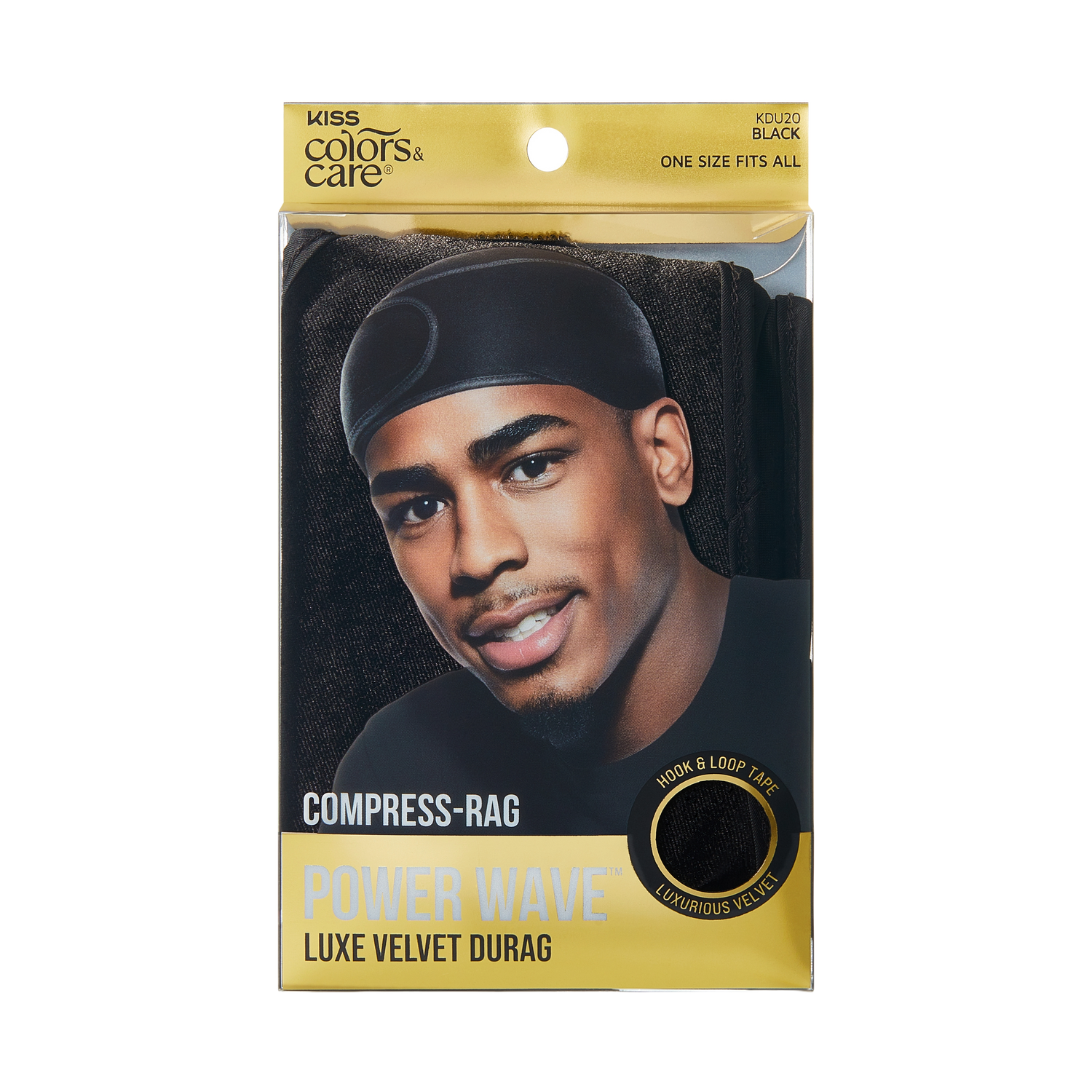 Black luxe velvet durag in packaging with smiling man wearing durag, labeled "Compress-Rag Power Wave Luxe Velvet Durag," one size fits all.