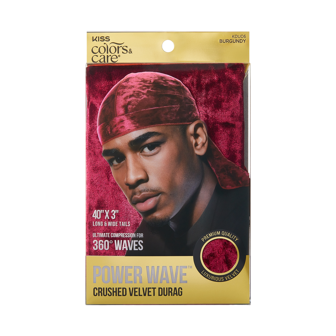 KISS Colors &amp; Care Power Wave Crushed Velvet Durag in burgundy shown on a man, with text highlighting 40" x 3" tails and ultimate compression for 360° waves.