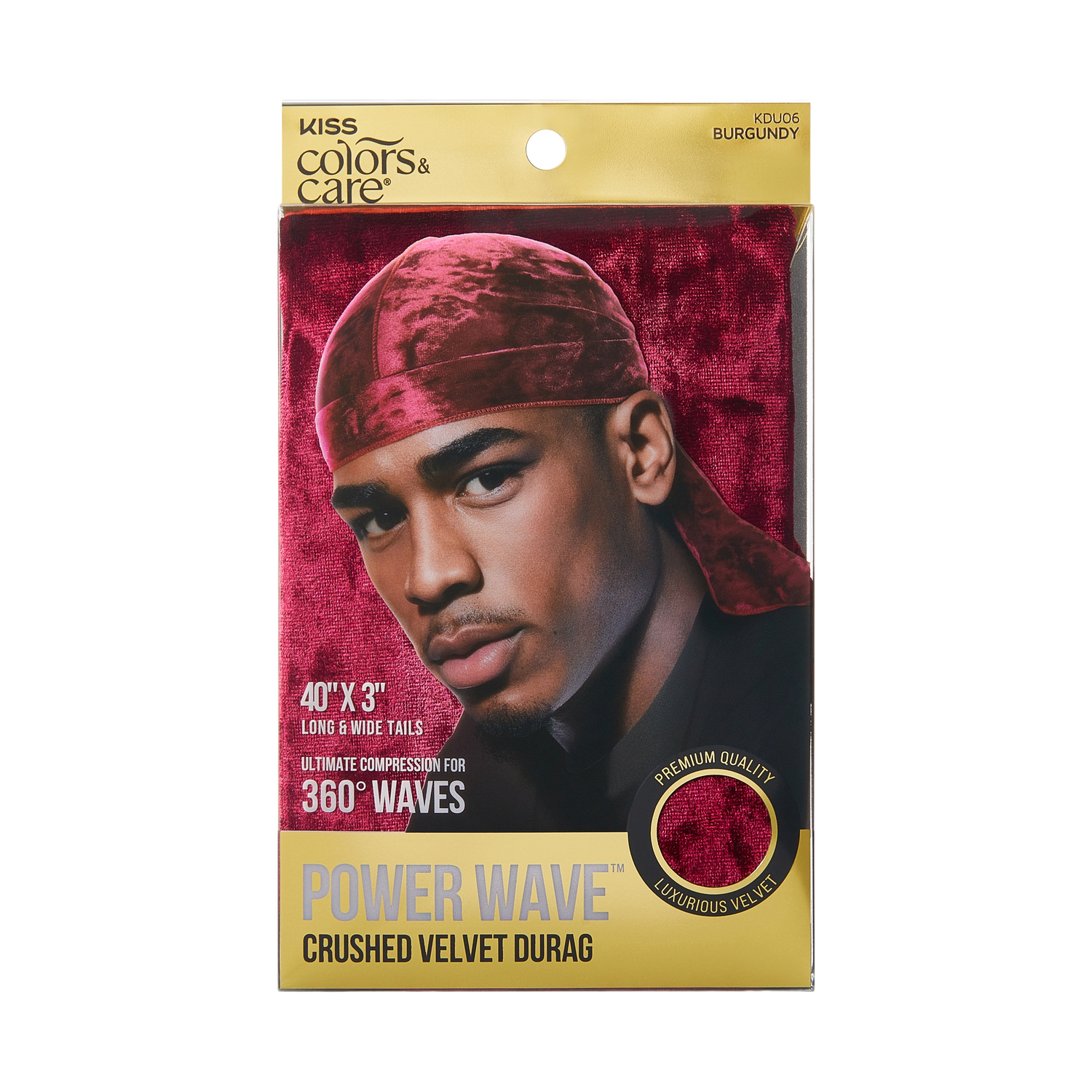 KISS Colors &amp; Care Power Wave Crushed Velvet Durag in burgundy shown on a man, with text highlighting 40" x 3" tails and ultimate compression for 360° waves.