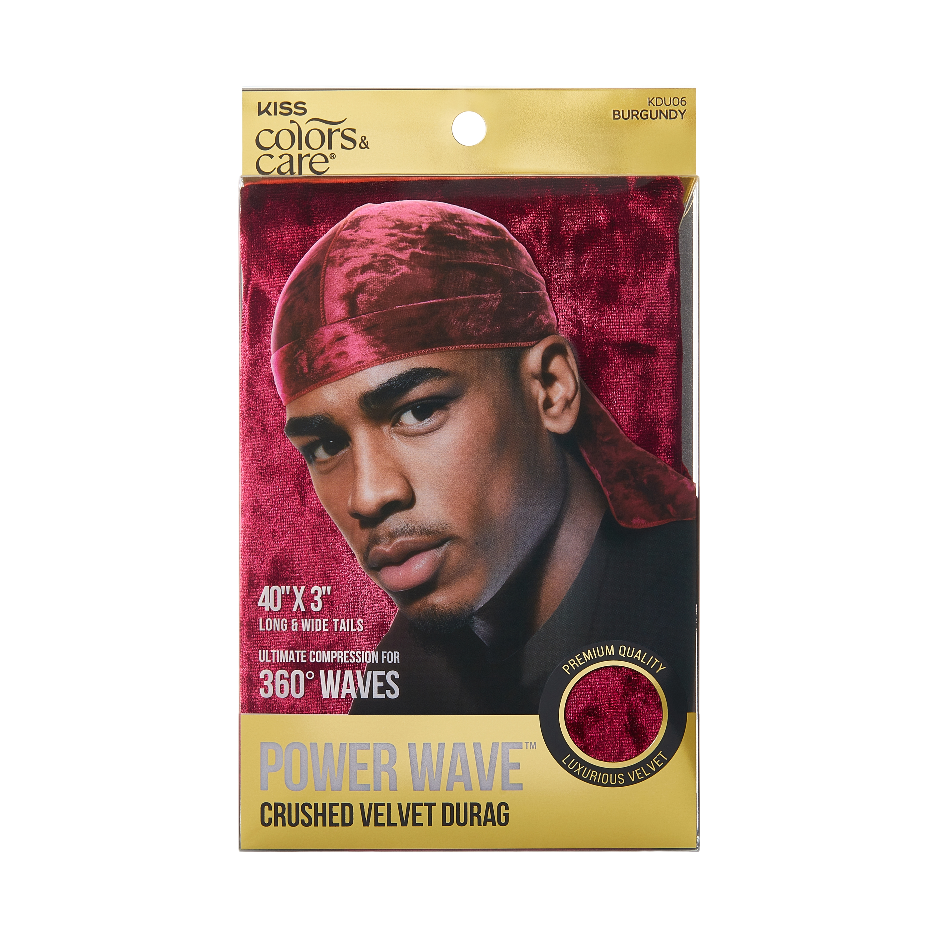 KISS Colors &amp; Care Power Wave Crushed Velvet Durag in burgundy shown on a man, with text highlighting 40" x 3" tails and ultimate compression for 360° waves.