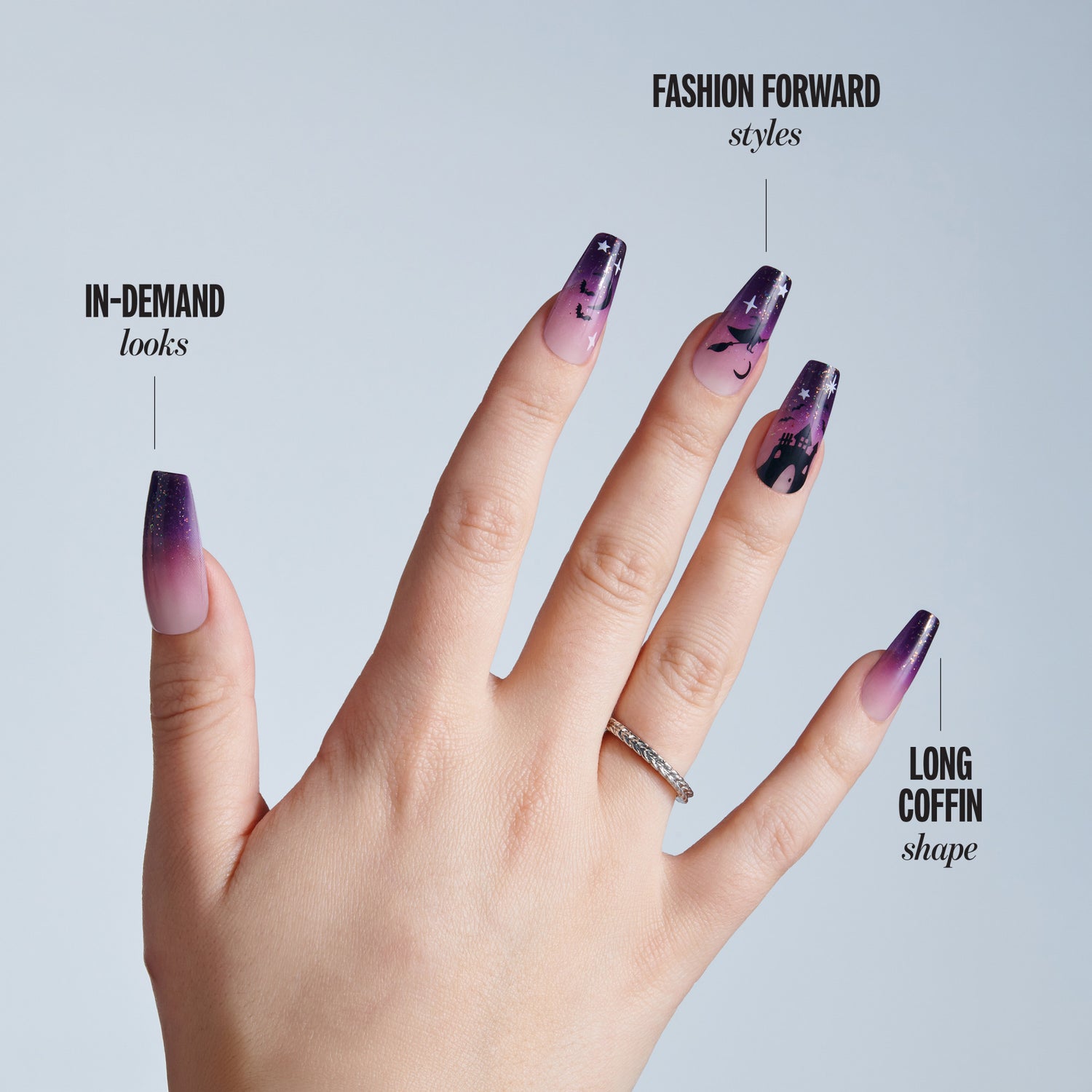 Kiss Haunt Halloween Press On Fake Glue Nails - After Dark | Design, Purple, Long, Coffin, Glow In The Dark