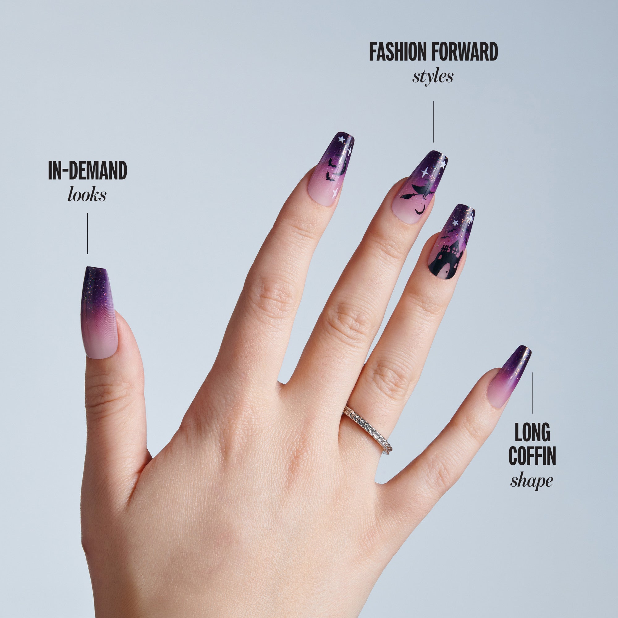 Kiss Haunt Halloween Press On Fake Glue Nails - After Dark | Design, Purple, Long, Coffin, Glow In The Dark