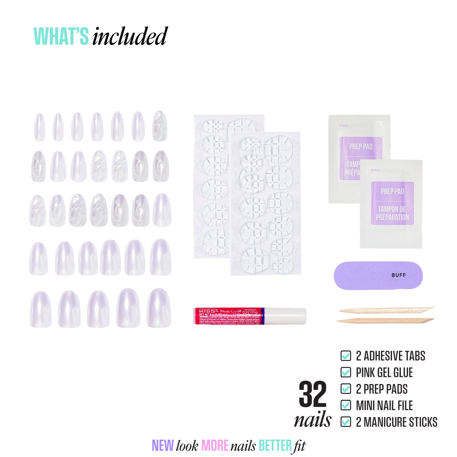 Kiss nails 32-piece set with gel glue, prep pads, file, and manicure sticks included.