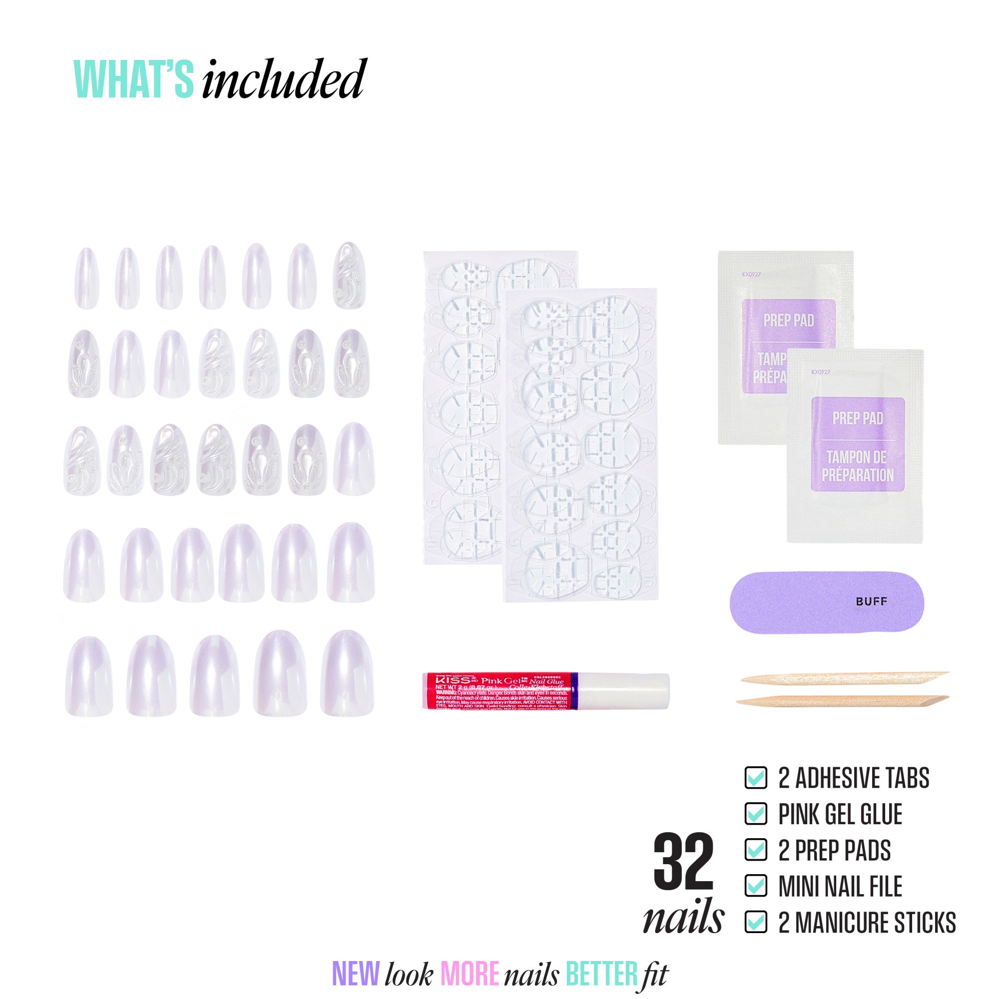 Kiss nails 32-piece set with gel glue, prep pads, file, and manicure sticks included.