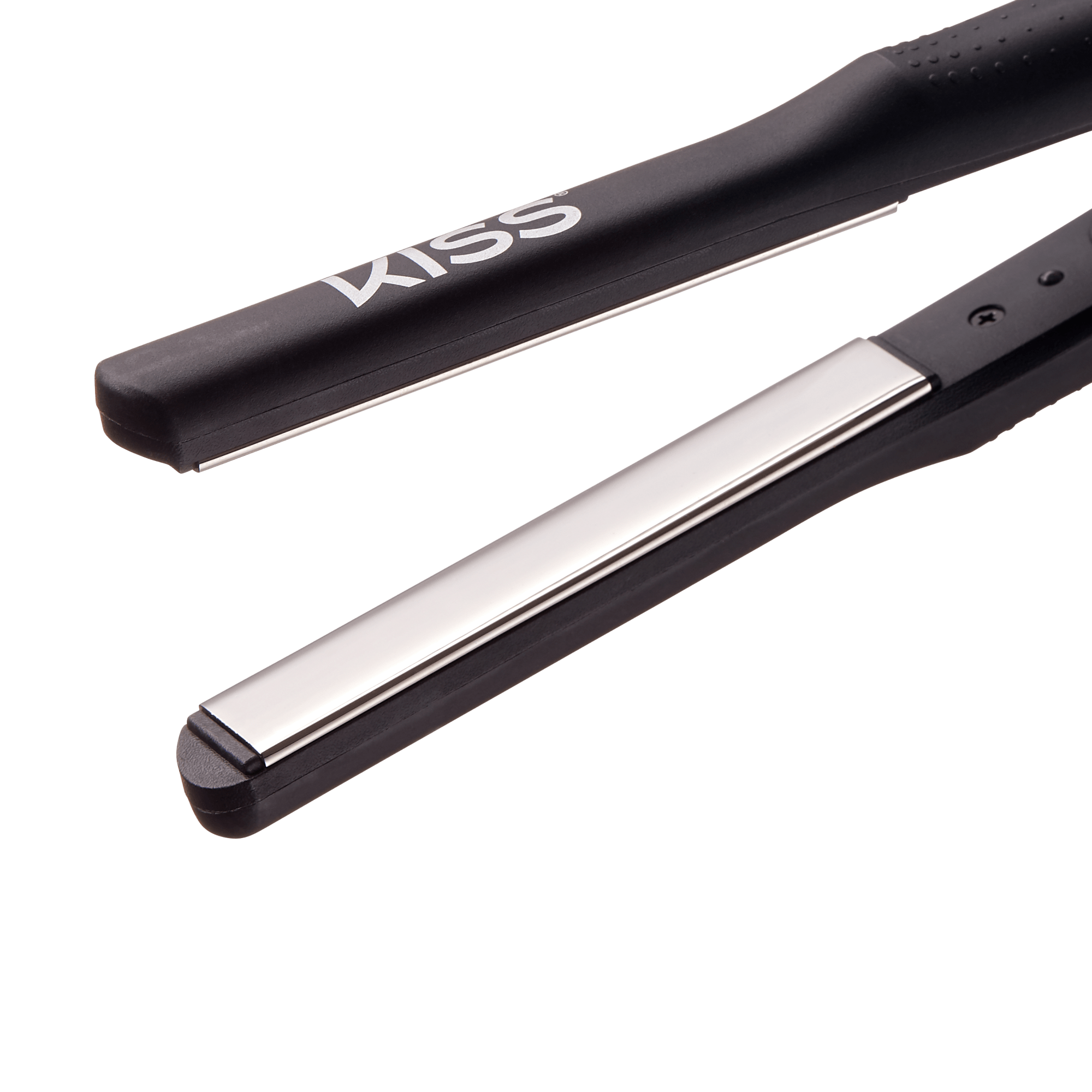 Close-up view of the KISS Nano Titanium professional flat iron, featuring sleek black handles and shiny silver titanium plates, with the brand name \