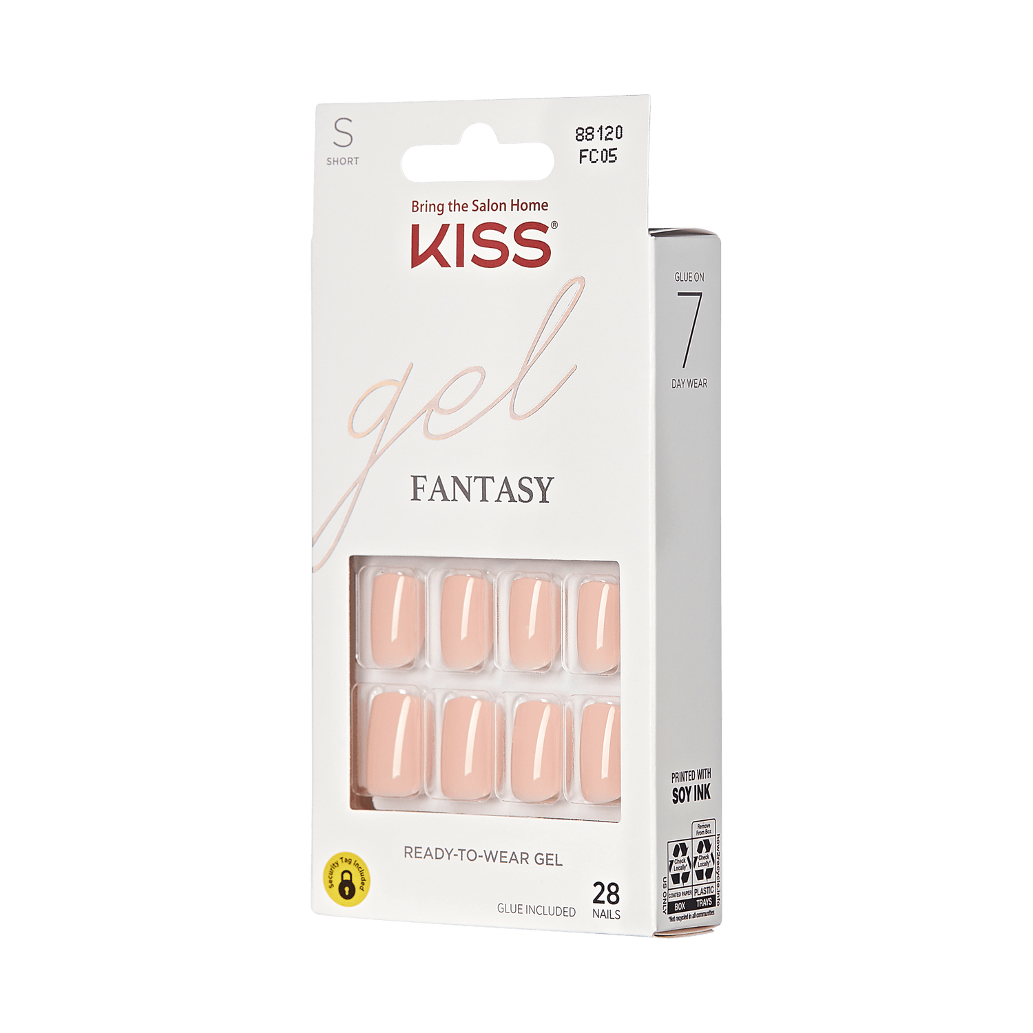 KISS Gel Fantasy press-on nails in short, nude pink shade, displayed in white packaging with 28 nails and included glue, lasting 7 days.