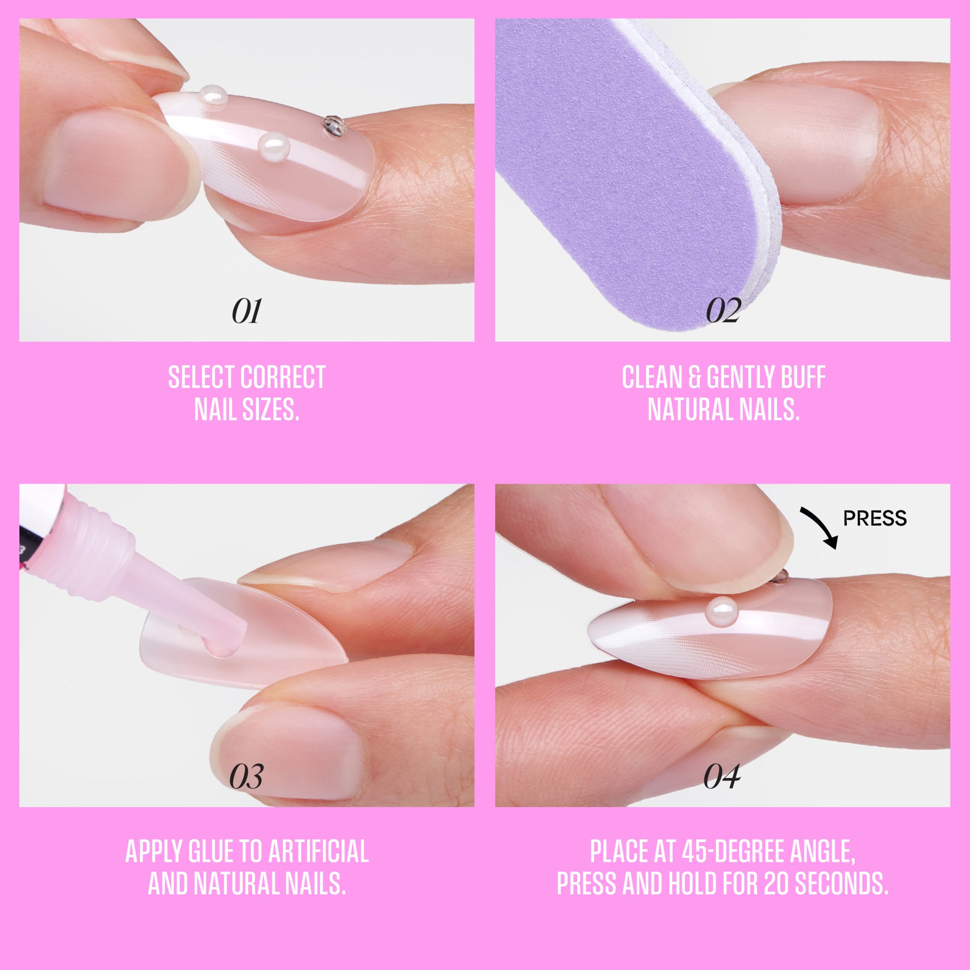 Press-on nail application guide showing sizing, buffing, glue application, and placement steps.