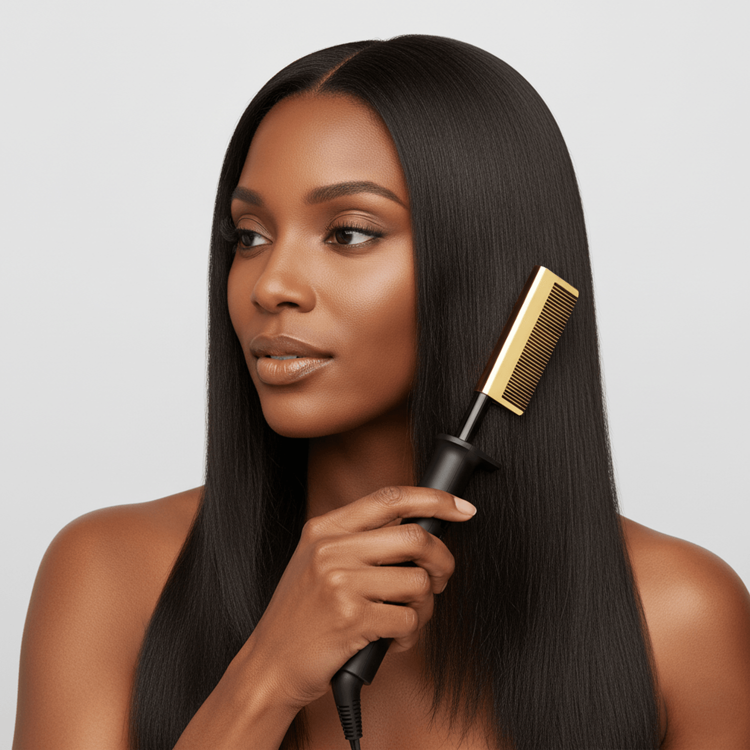 Woman with long, straight black hair holding a KISS Professional Pressing Comb with a black handle and gold comb teeth near her hair, shown on a light gray background.