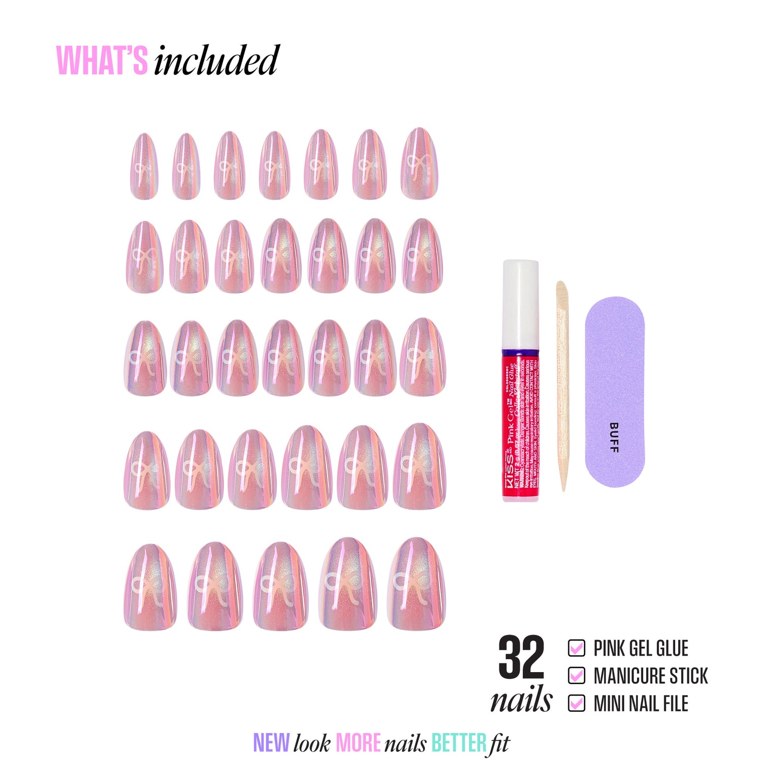 32 pink ombre press-on nails with gel glue, manicure stick, and nail file included.