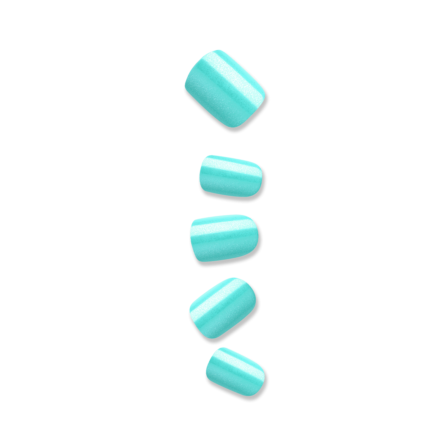 Five glossy, shimmer-finished turquoise press-on nails arranged vertically on a transparent background, showing various sizes for nail tips.
