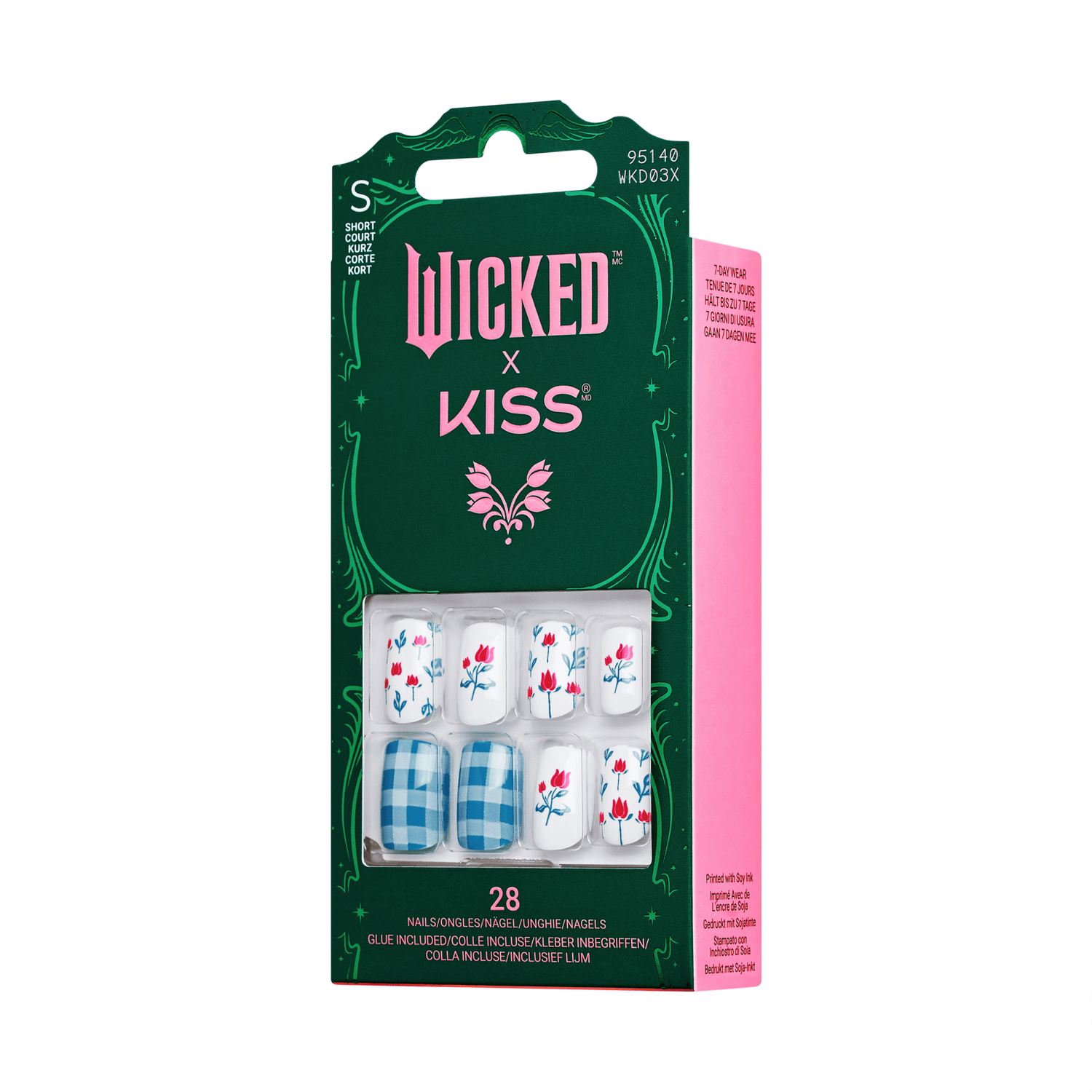 Dark green and pink packaging for WICKED X KISS Marvelous Munchkinland short nails, featuring floral and blue gingham nail designs, with glue included.
