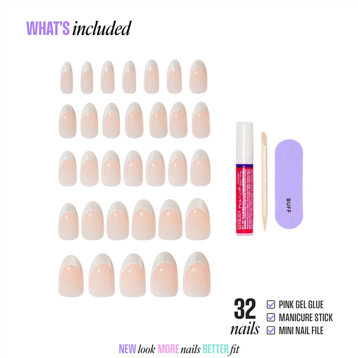 32-piece nude gel nail set with pink glue, manicure stick, and mini file