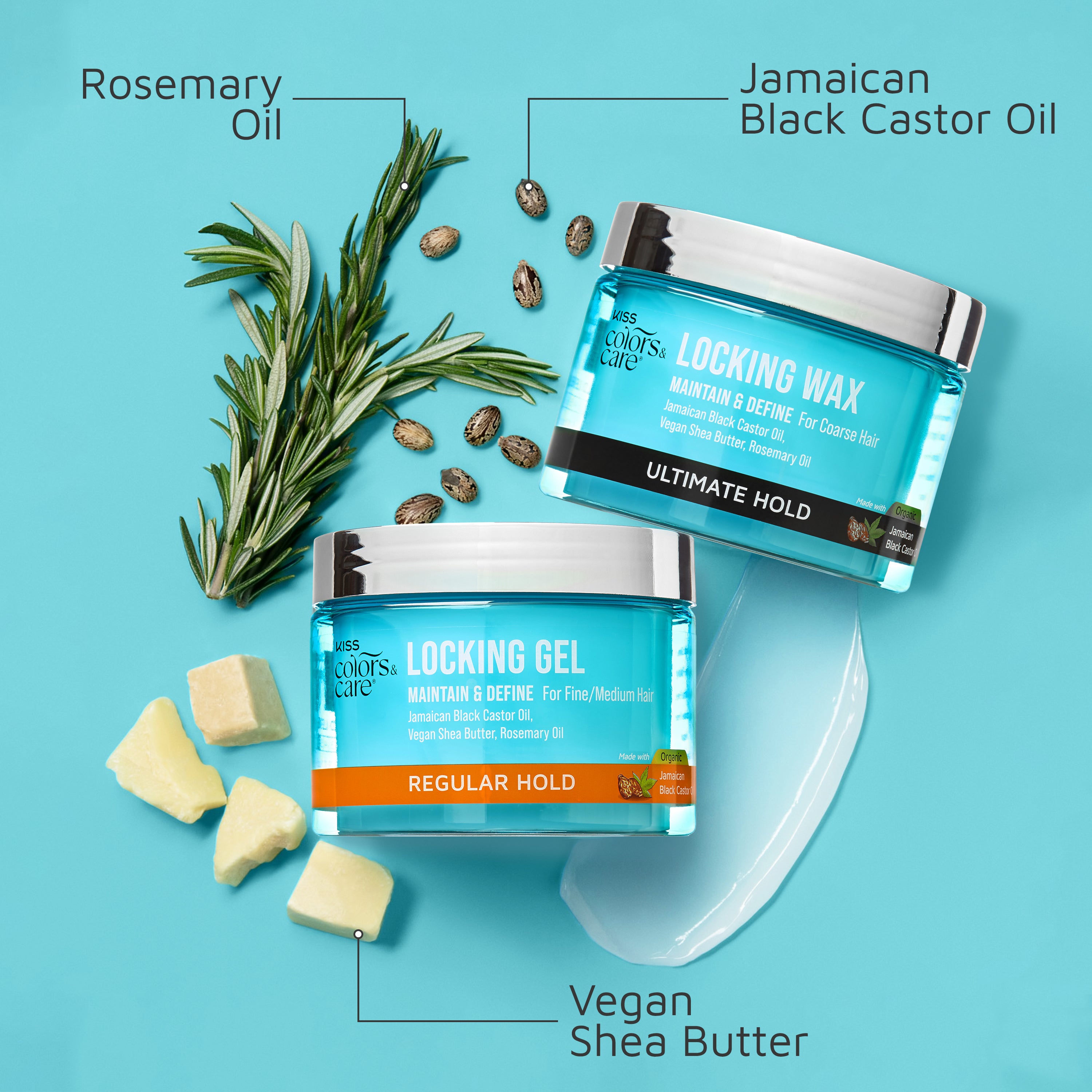 Two blue jars of KISS Colors &amp; Care hair gel and locking wax with silver lids, labeled for different hold levels, surrounded by rosemary sprigs, shea butter chunks, and castor seeds.