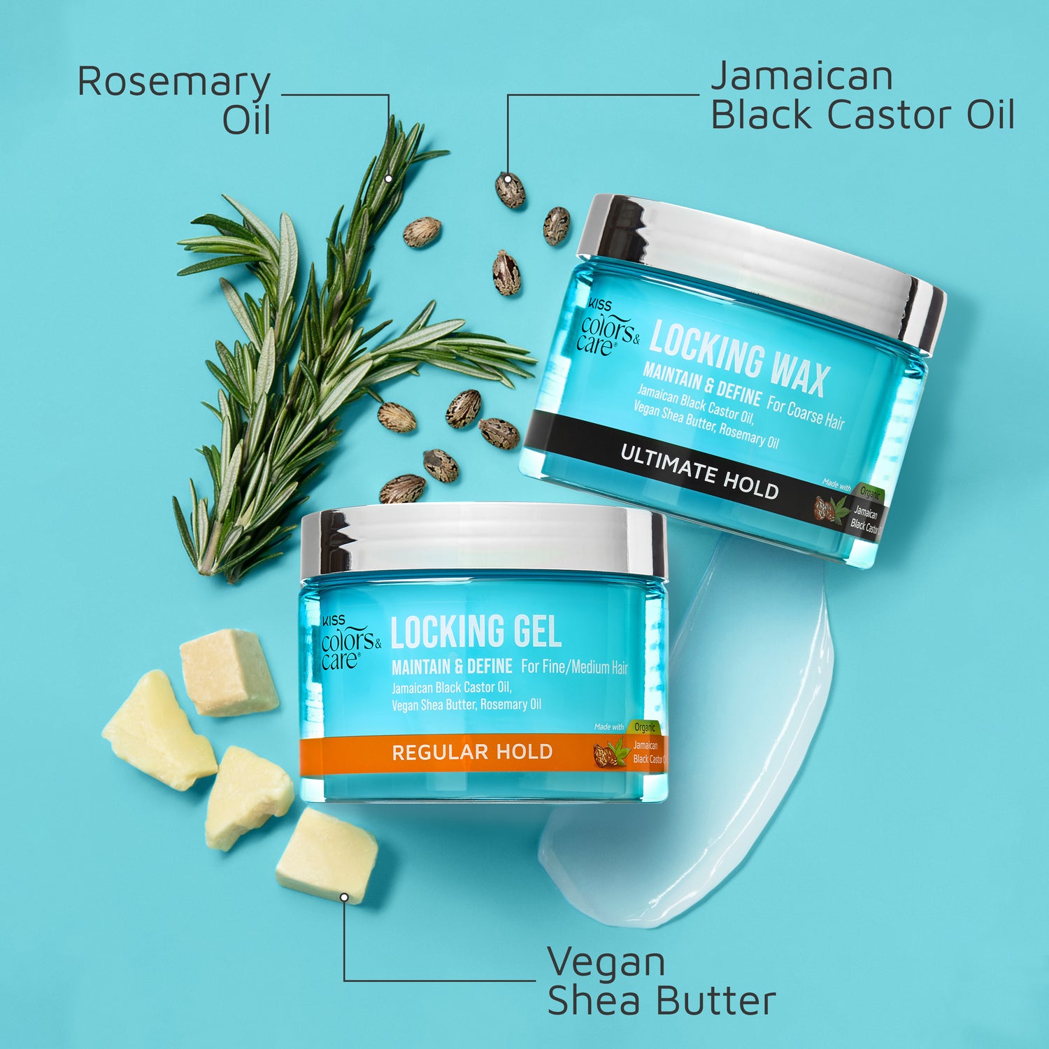 Two blue jars of KISS Colors &amp; Care hair products with silver lids on a blue background; one labeled Locking Wax for coarse hair with ultimate hold, the other Locking Gel for fine/medium hair with regular hold; surrounded by rosemary sprigs, castor seeds, and vegan shea butter p…