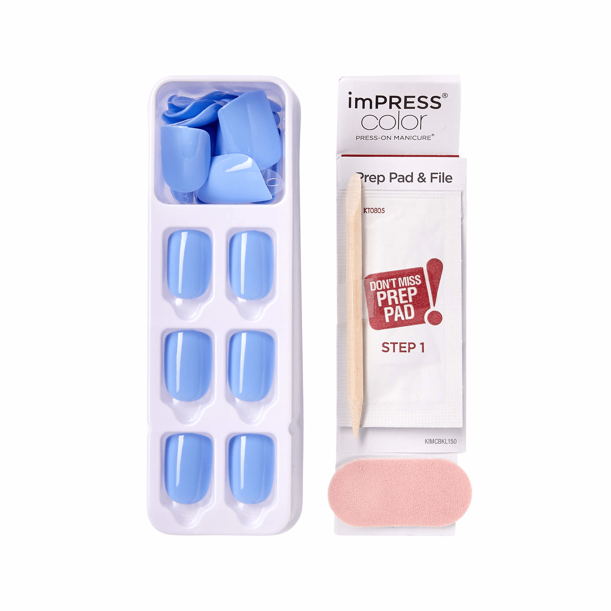 Set of glossy light blue press-on nails in a white tray next to imPRESS Color packaging with a wooden cuticle stick, prep pad labeled \