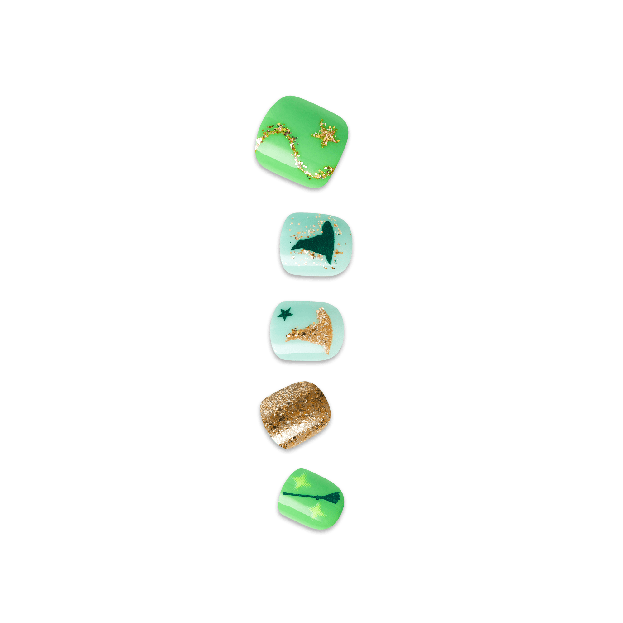 Five decorative resin stones with green, turquoise, and gold glitter designs featuring stars and geometric patterns.