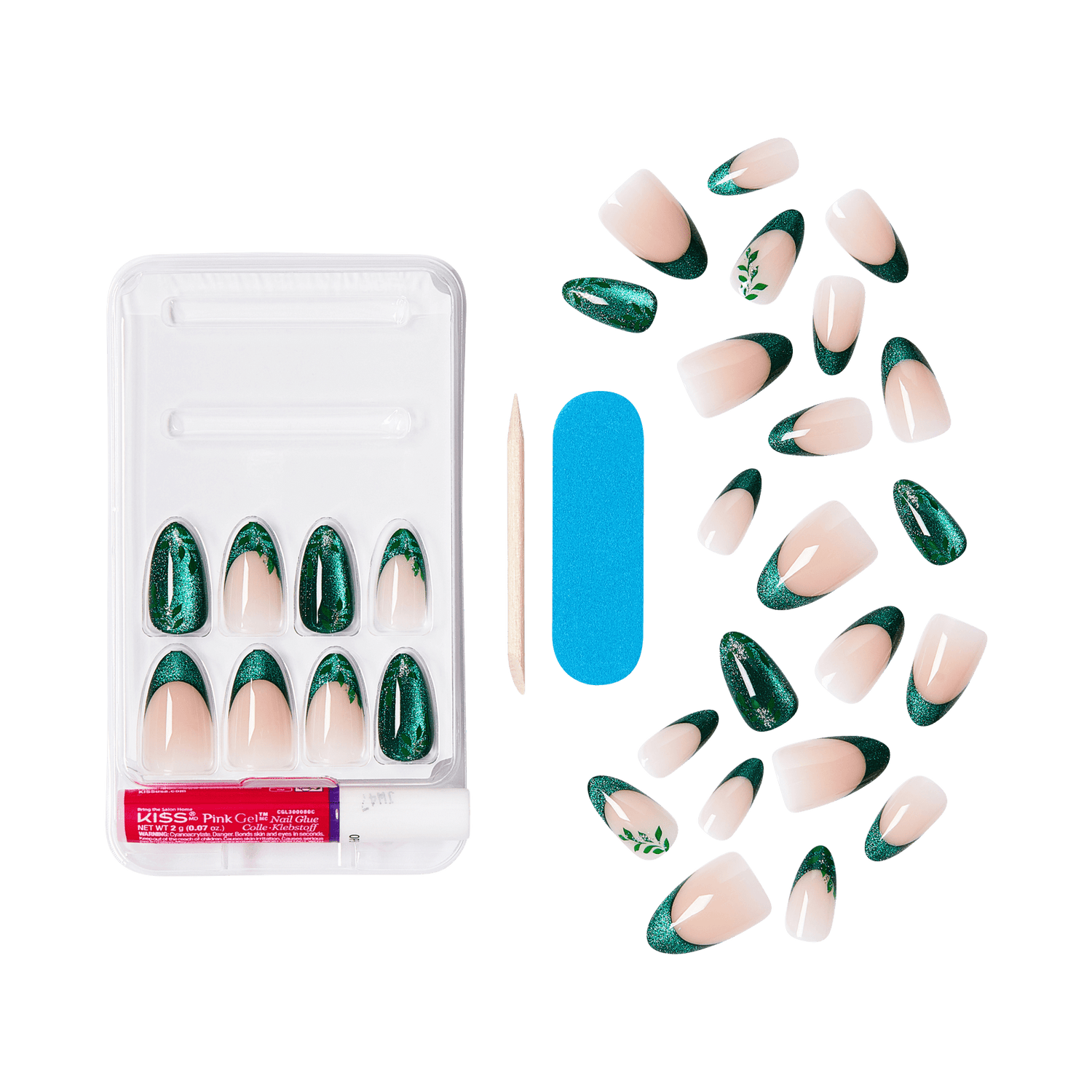 Kiss Green Glitter Nail Set with nail file, buffer, and adhesive glue included.