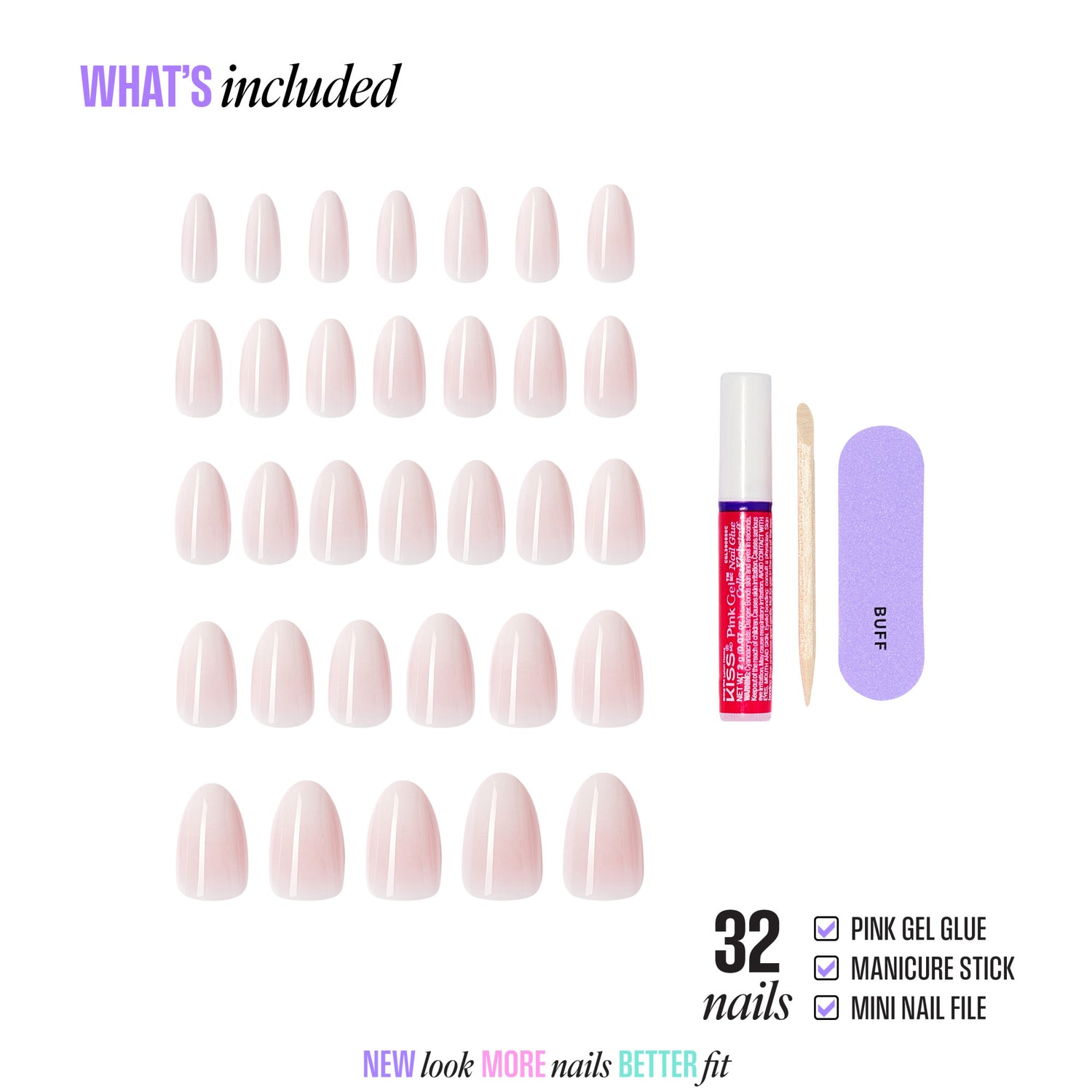 BUFF press-on nails kit with 32 nude gel nails, glue, manicure stick, and file.